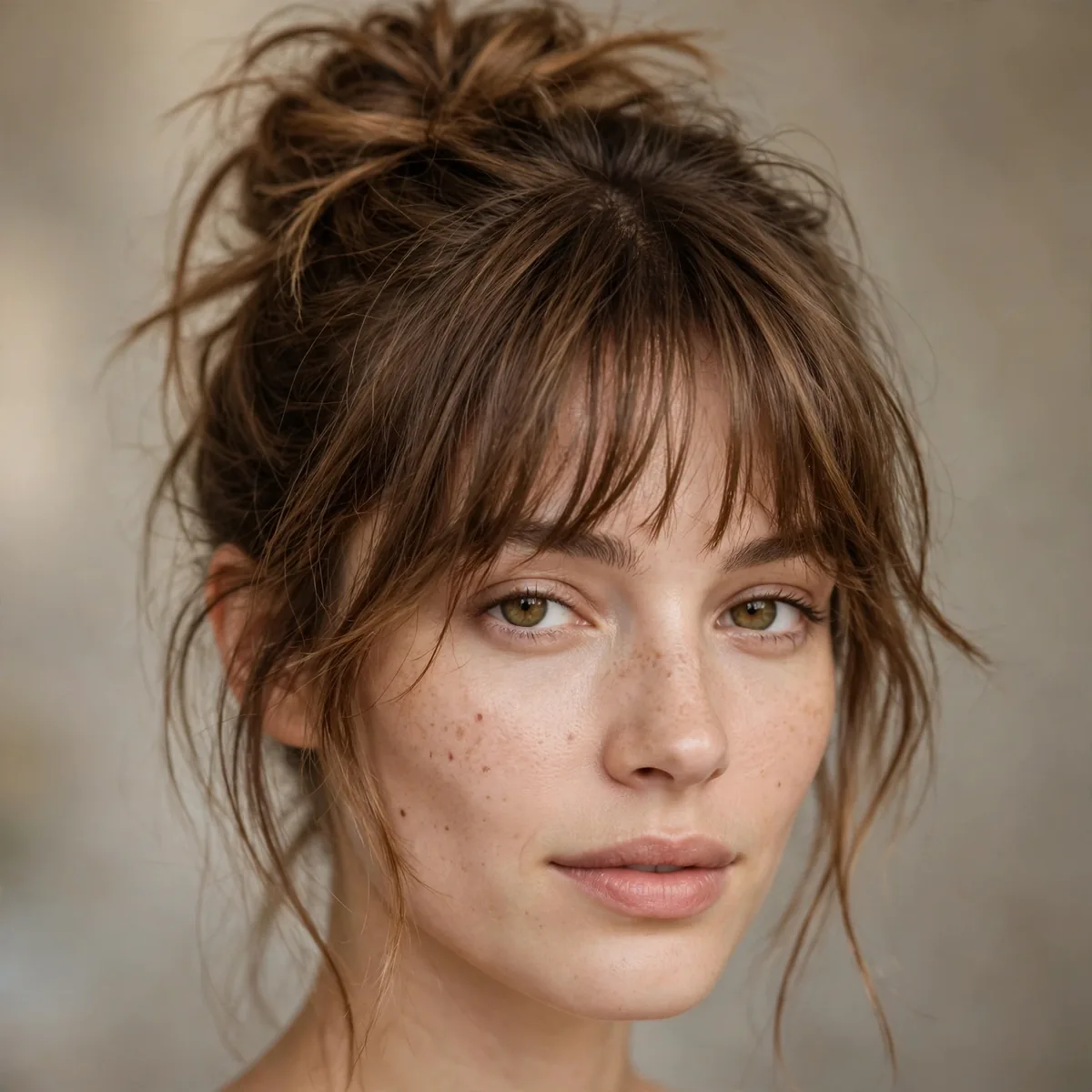 Messy bun hairstyle with bangs