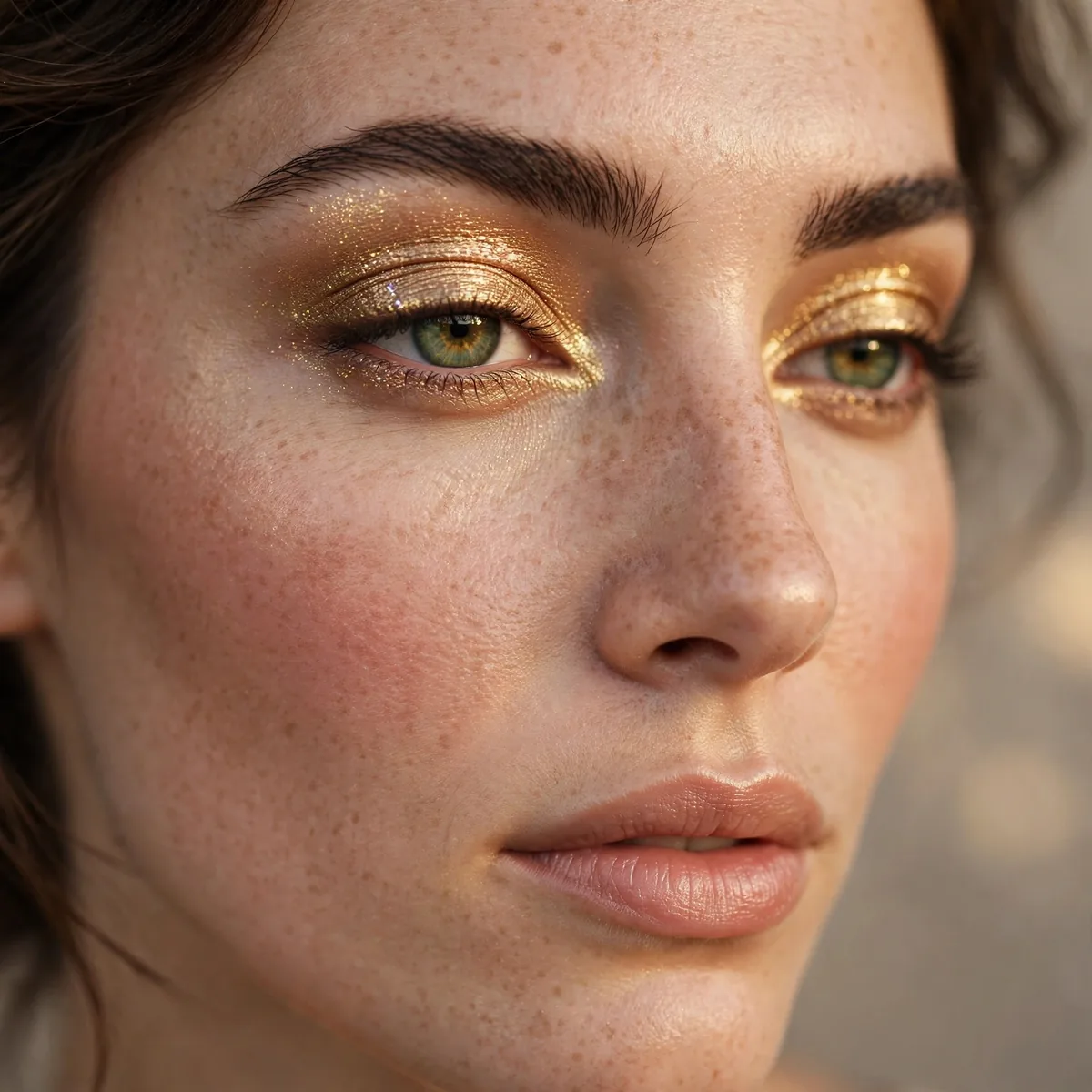 Gold shimmer eyeshadow on green eyes