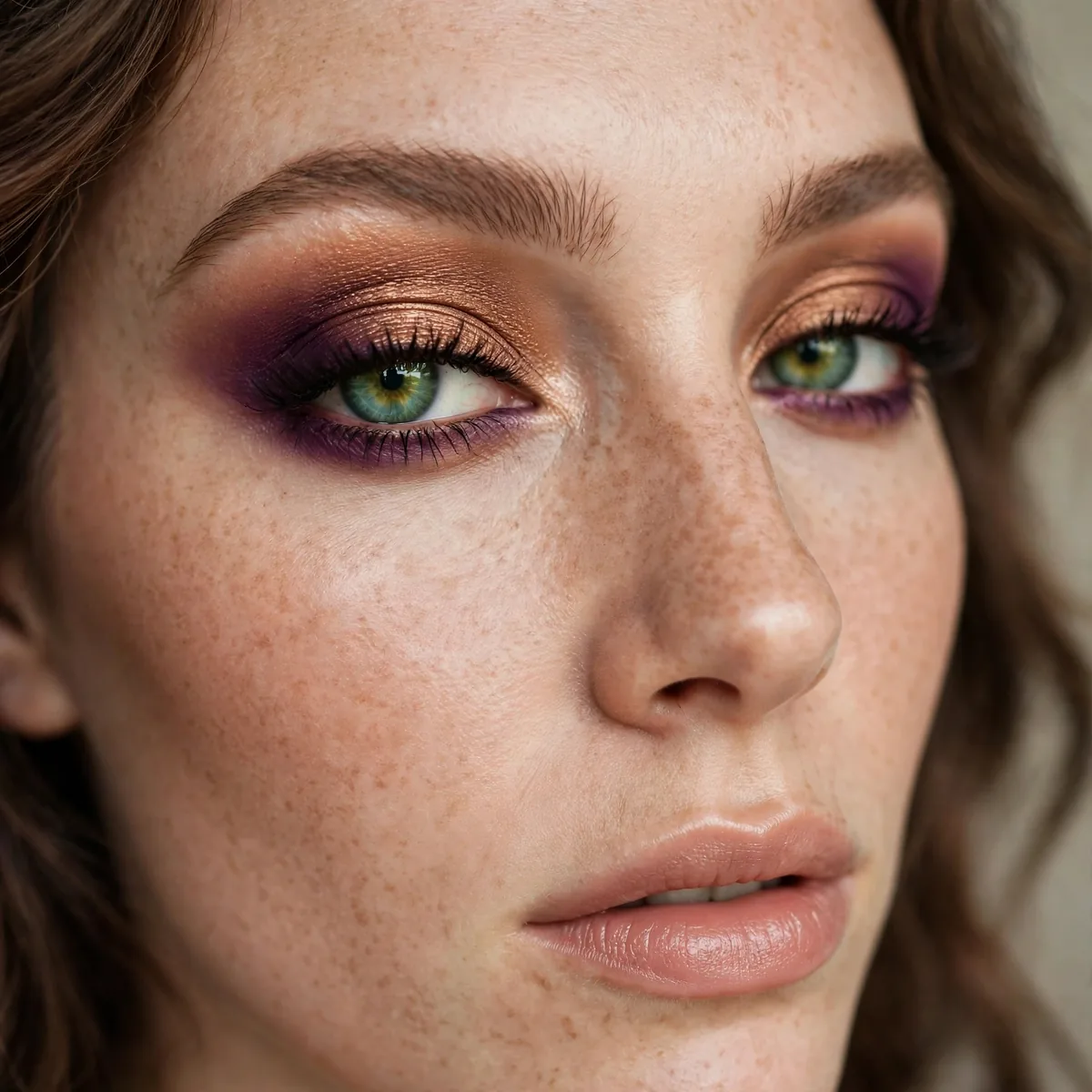 Bronze and plum eyeshadow duo on green eyes