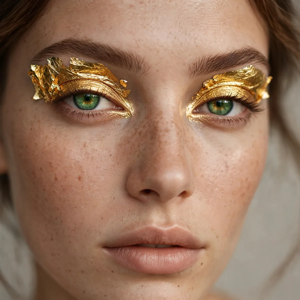 Molten gold foiled lids on green eyes