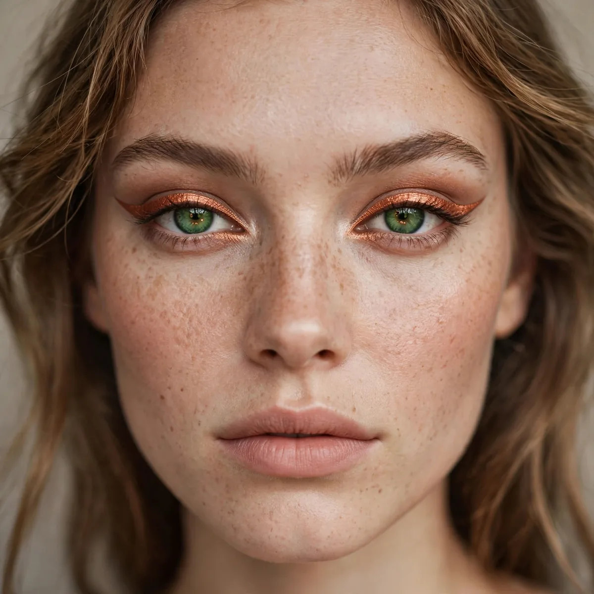 Copper winged eyeliner on green eyes