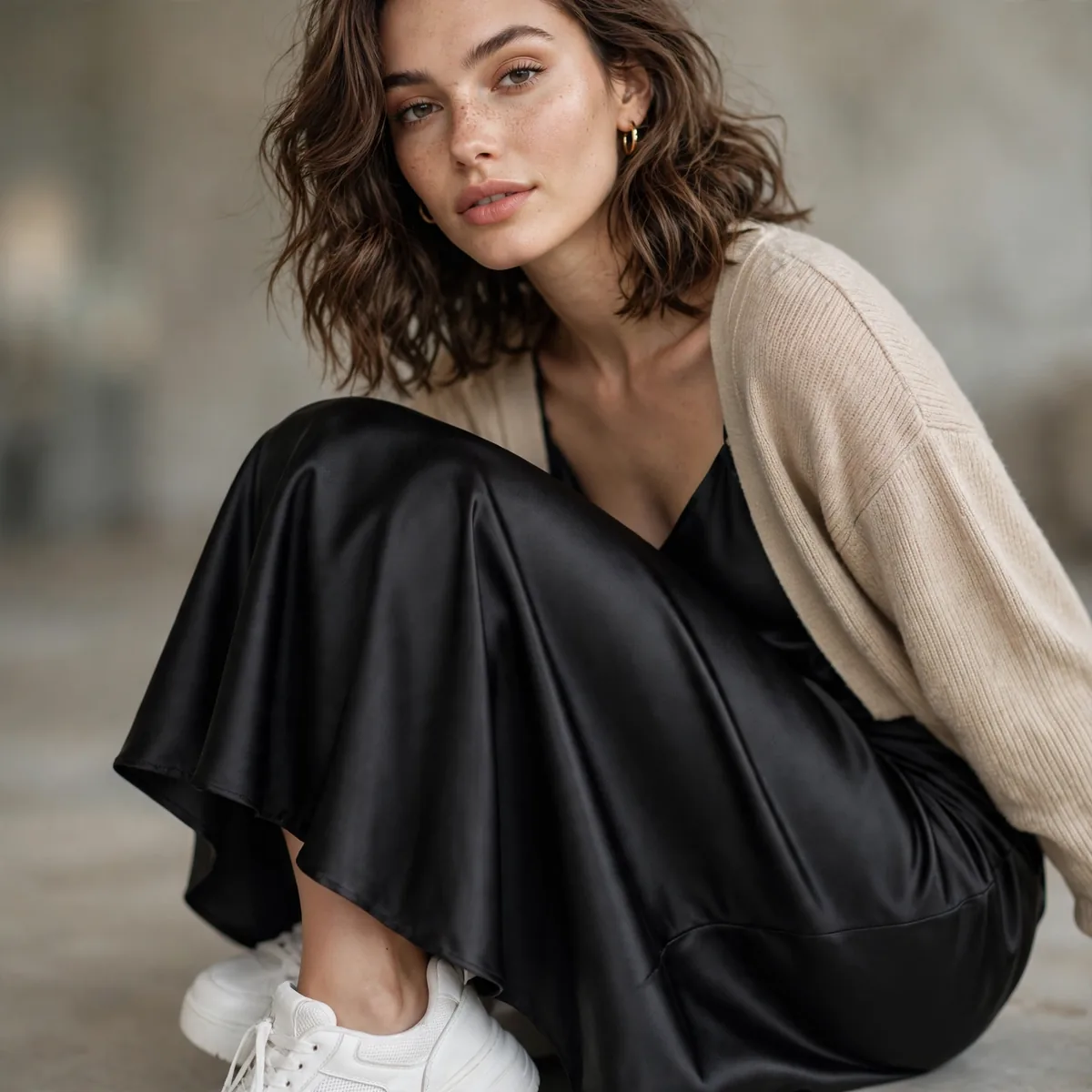 Satin midi skirt with sneakers