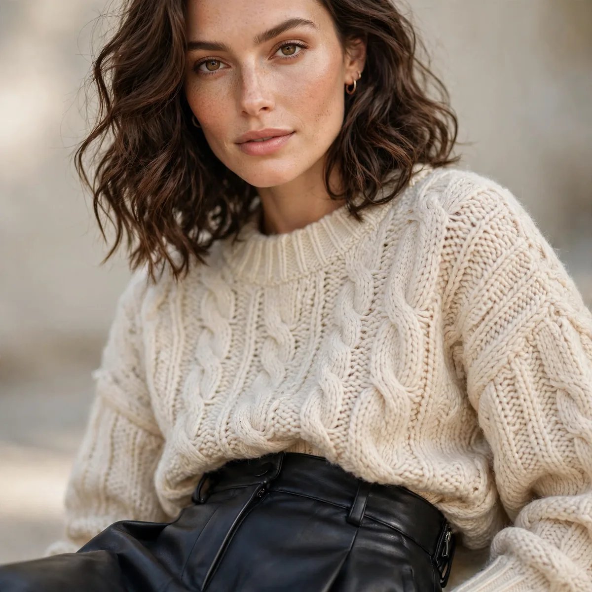 Leather midi skirt with sweater
