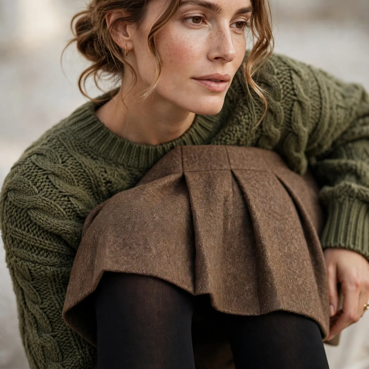 Wool midi skirt with opaque tights