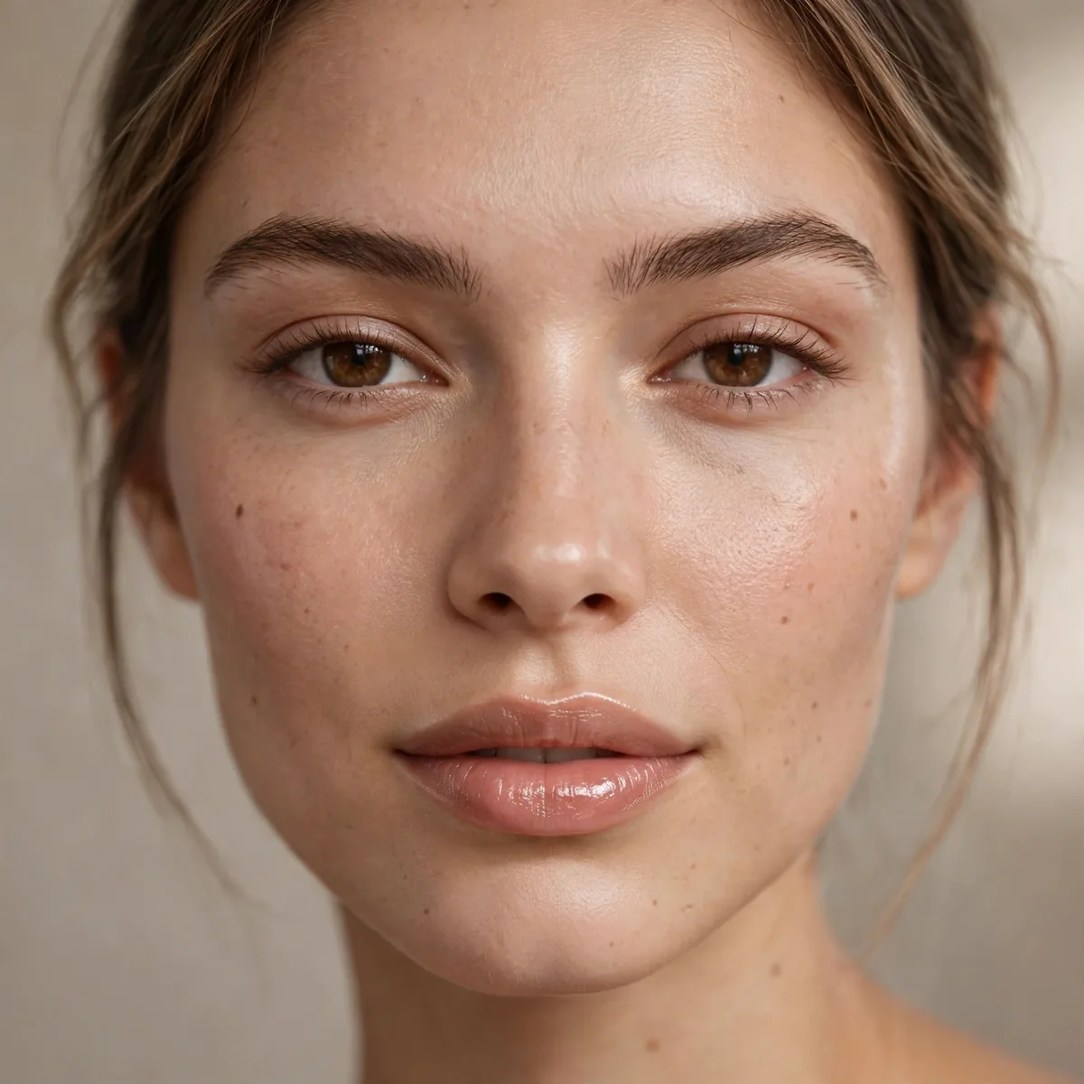 Nude lip gloss minimal look