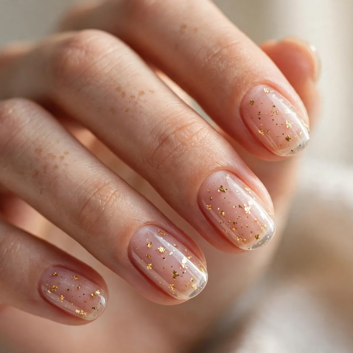 Clear polish with tiny gold flakes
