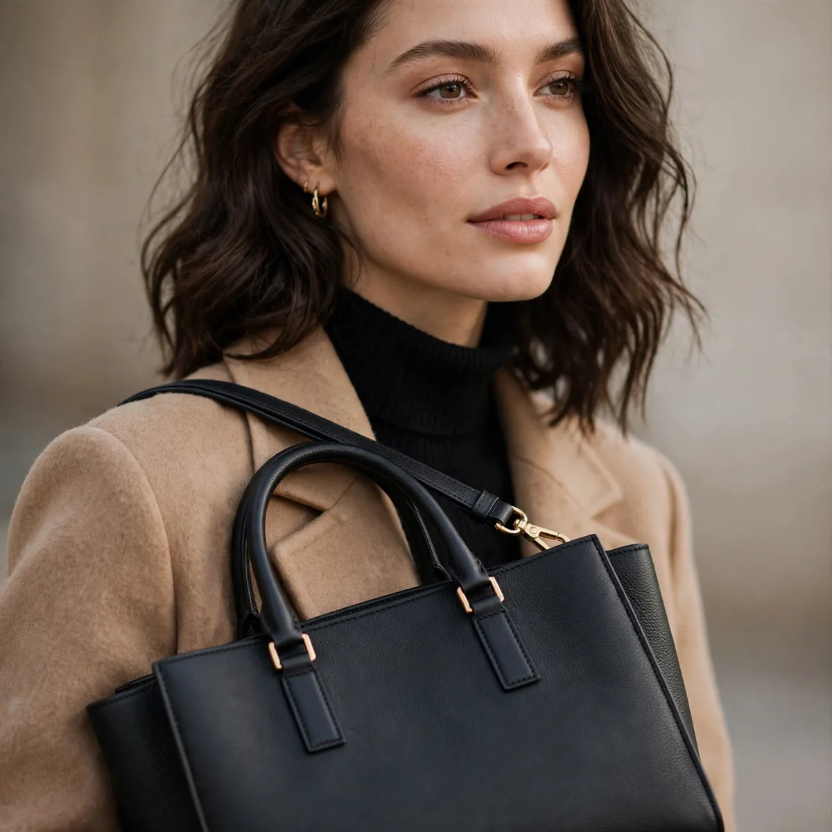 Structured black leather tote bag