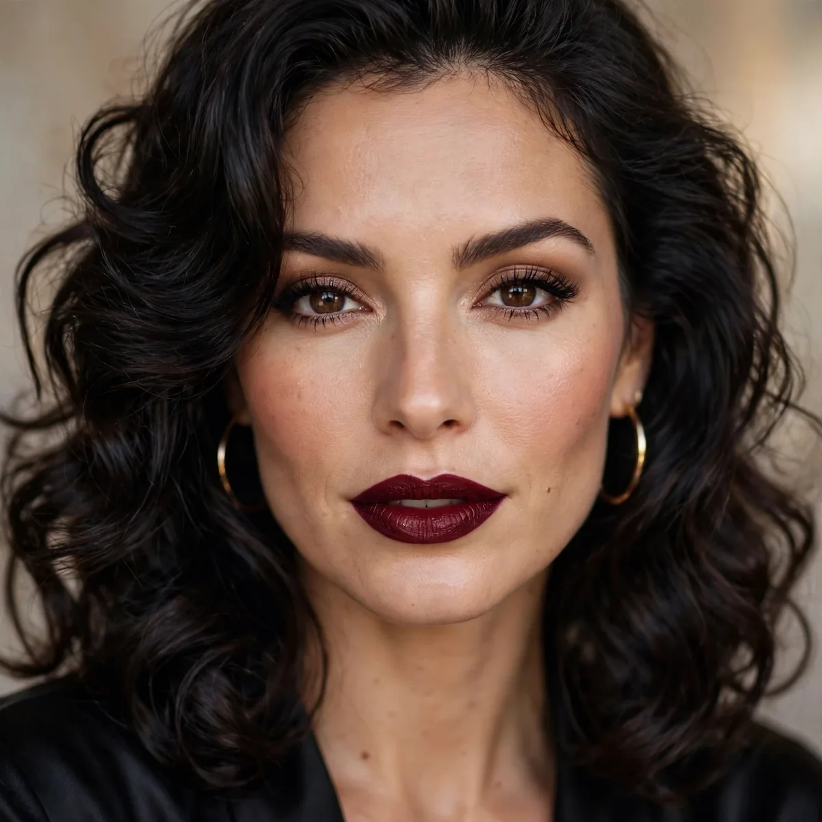 Burgundy lipstick mob wife look
