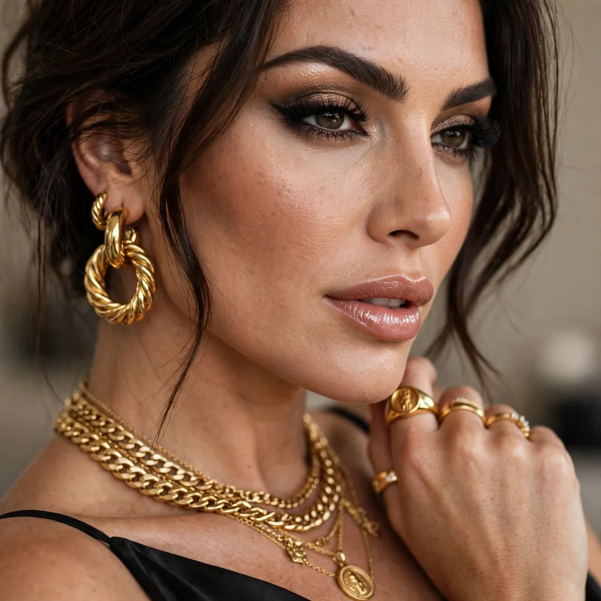Gold jewelry with mob wife makeup