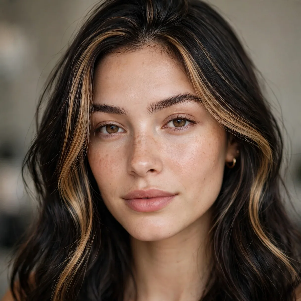 Money piece highlights on dark hair