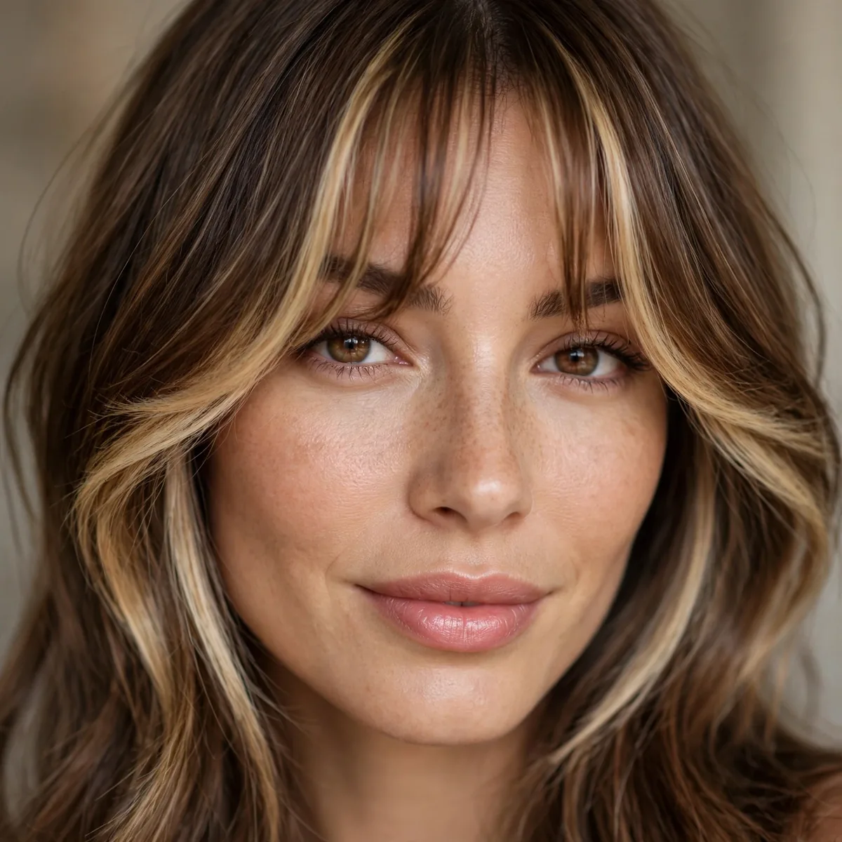 Curtain-style money piece with bangs