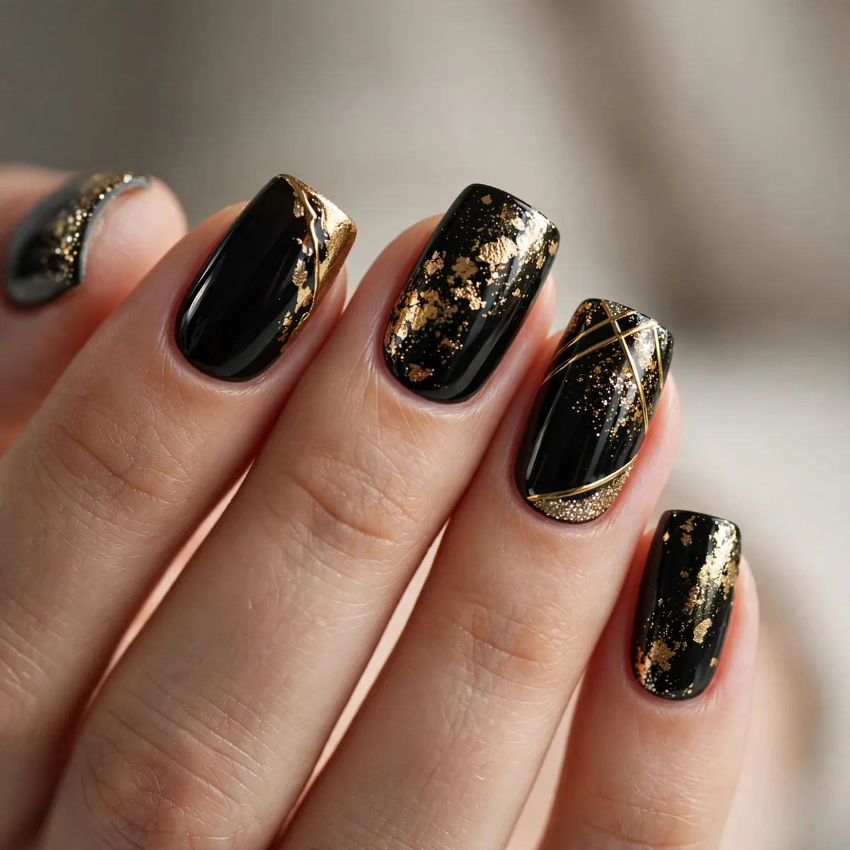 Black and gold NYE nail combination
