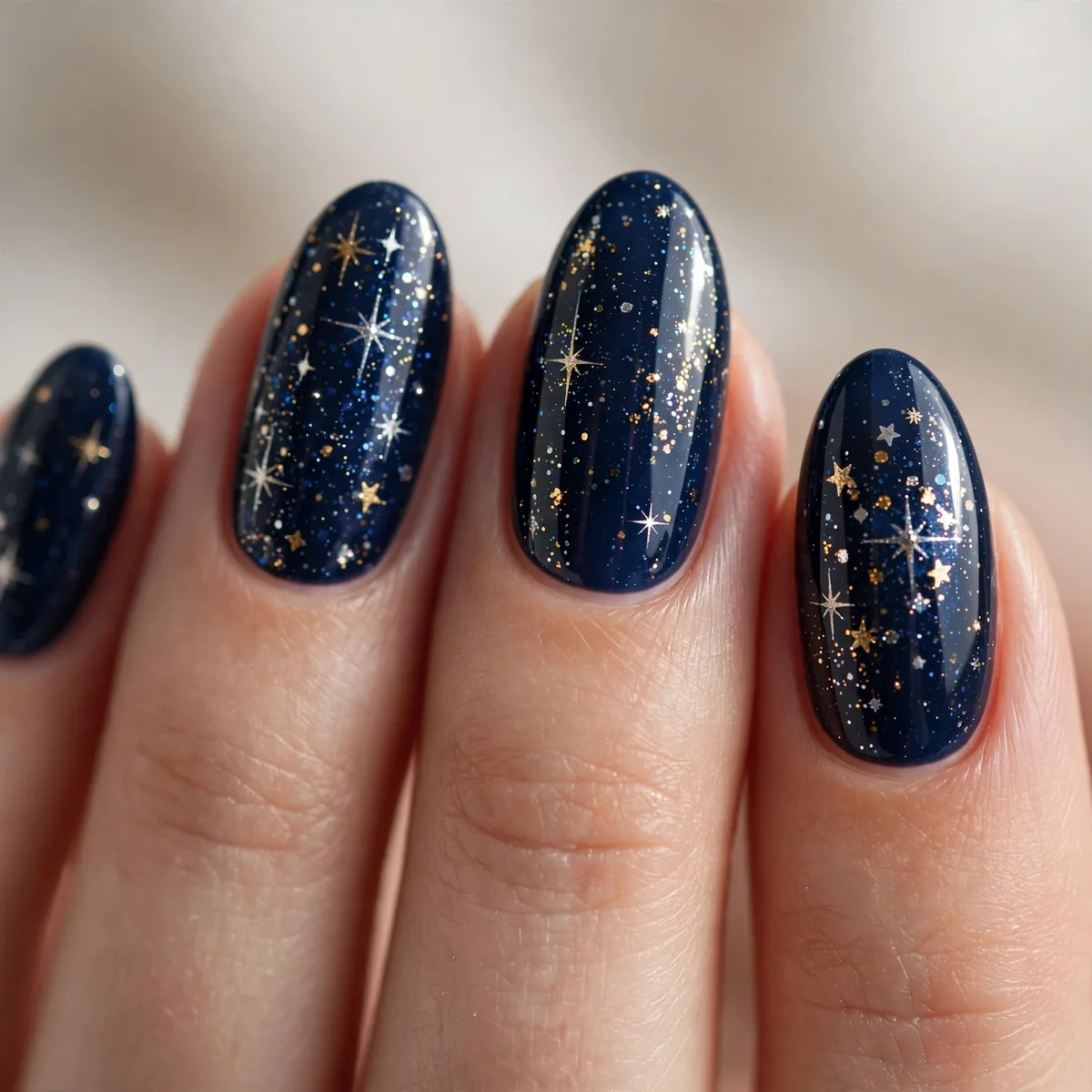 Midnight blue starry NYE nails