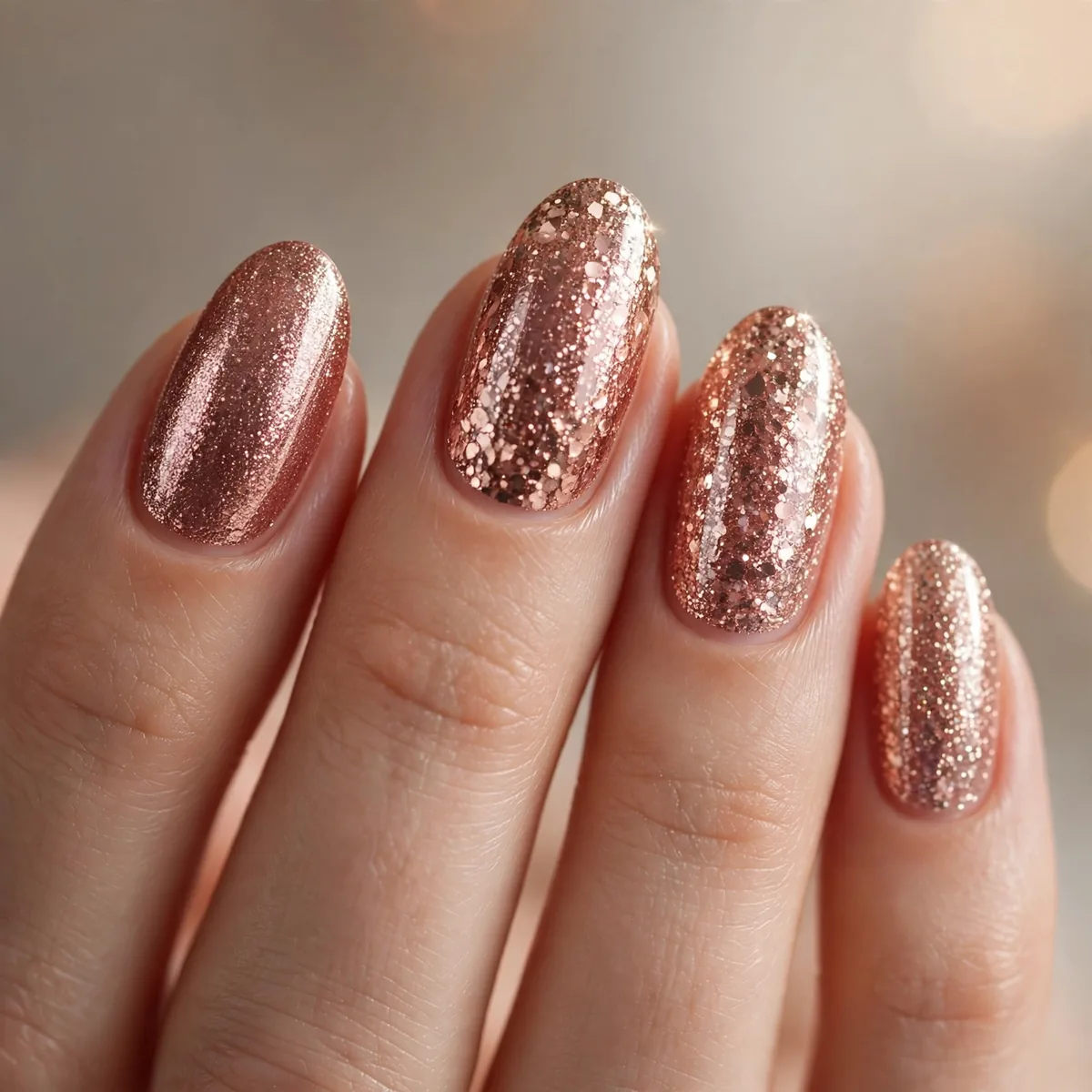Rose gold glitter NYE nails