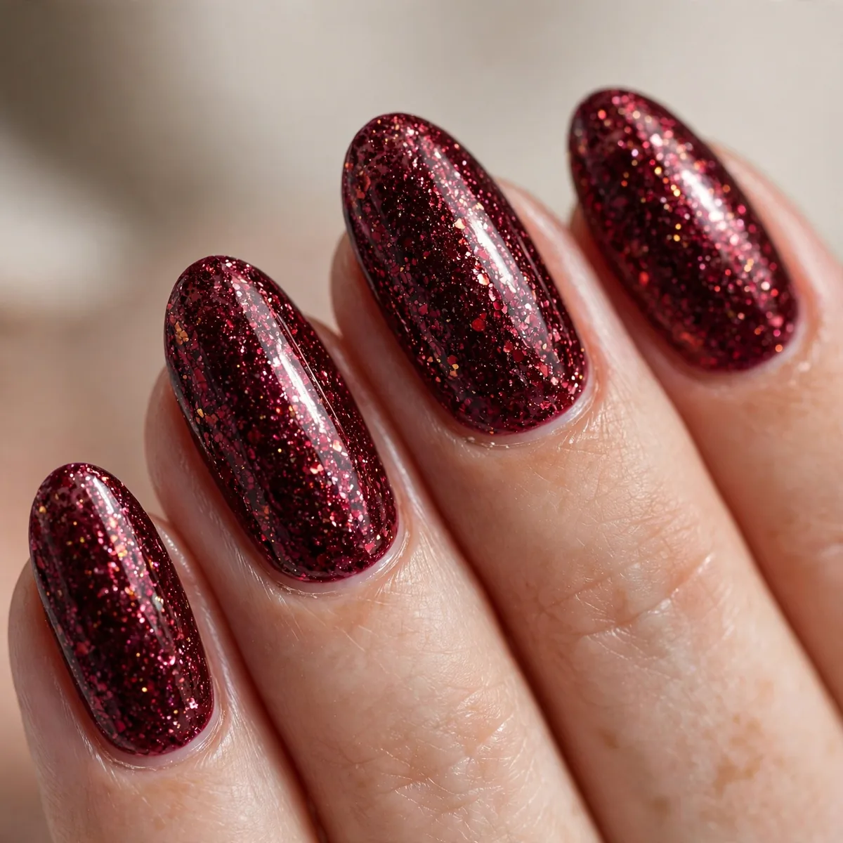 Burgundy glitter NYE nails