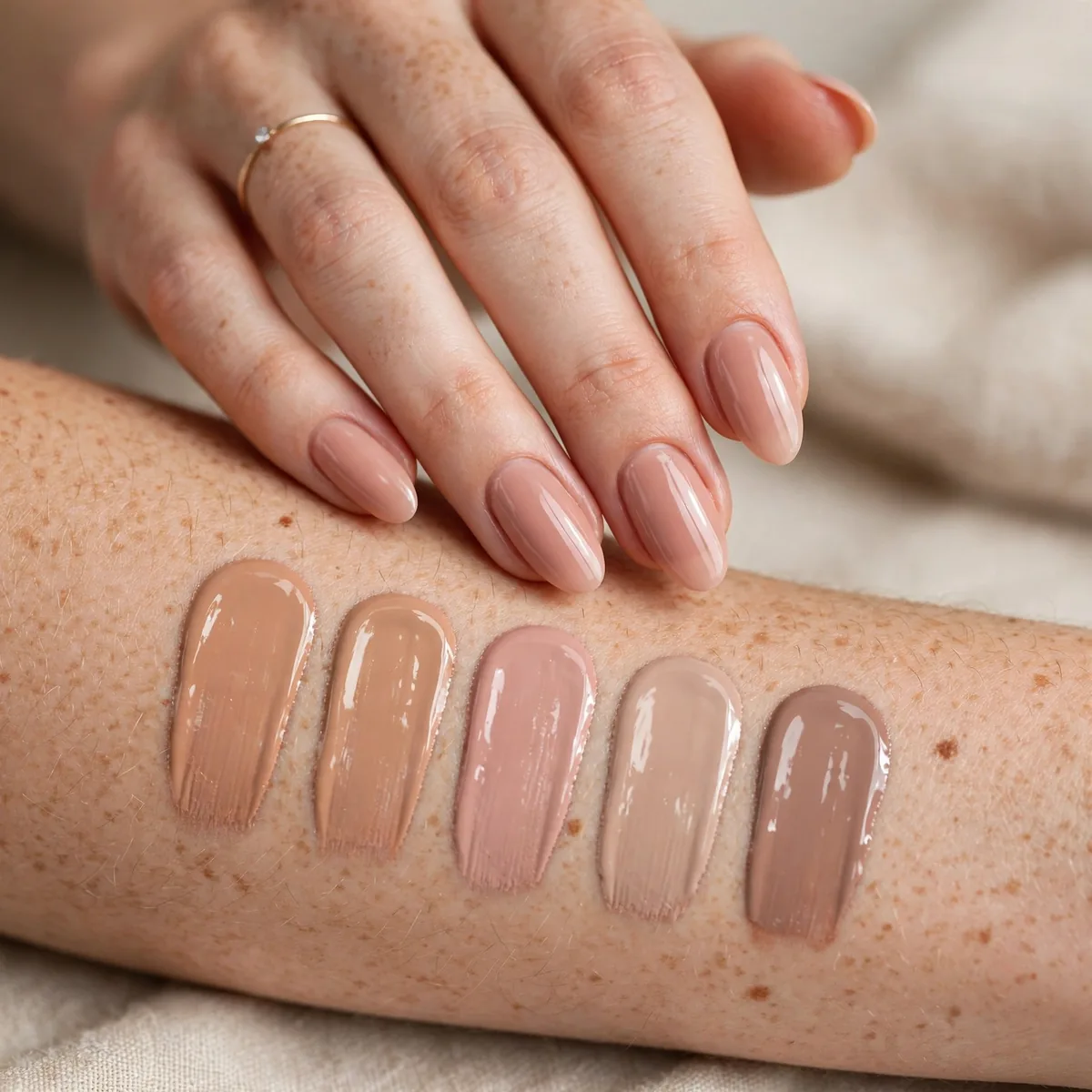 Comparing nude polish shades on skin