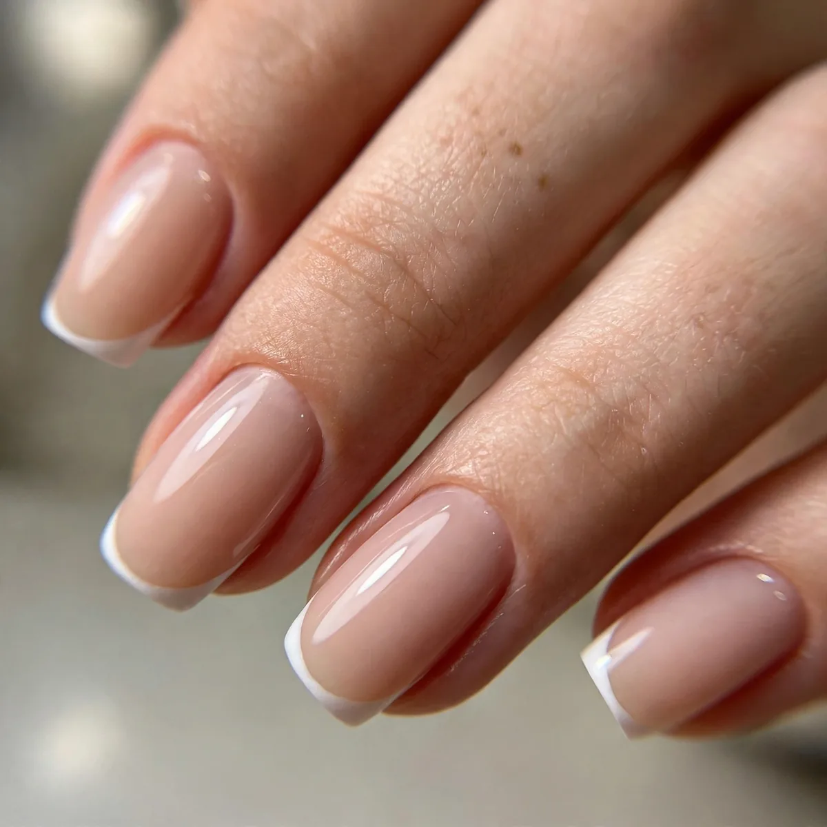 Nude nails with white micro tips