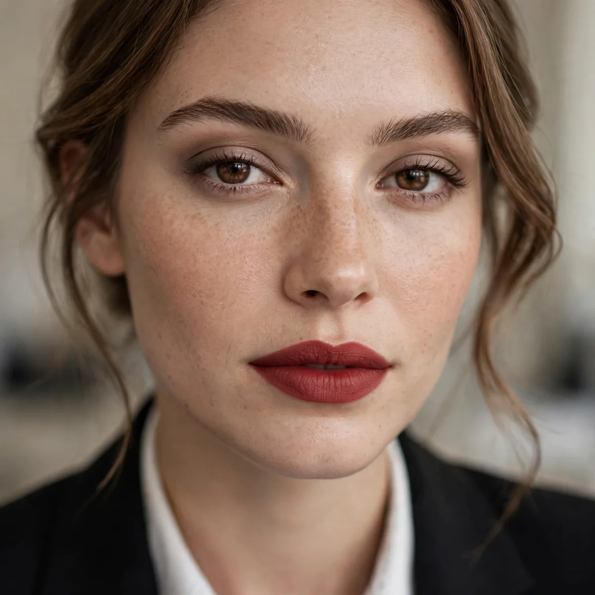 Muted red lipstick office look