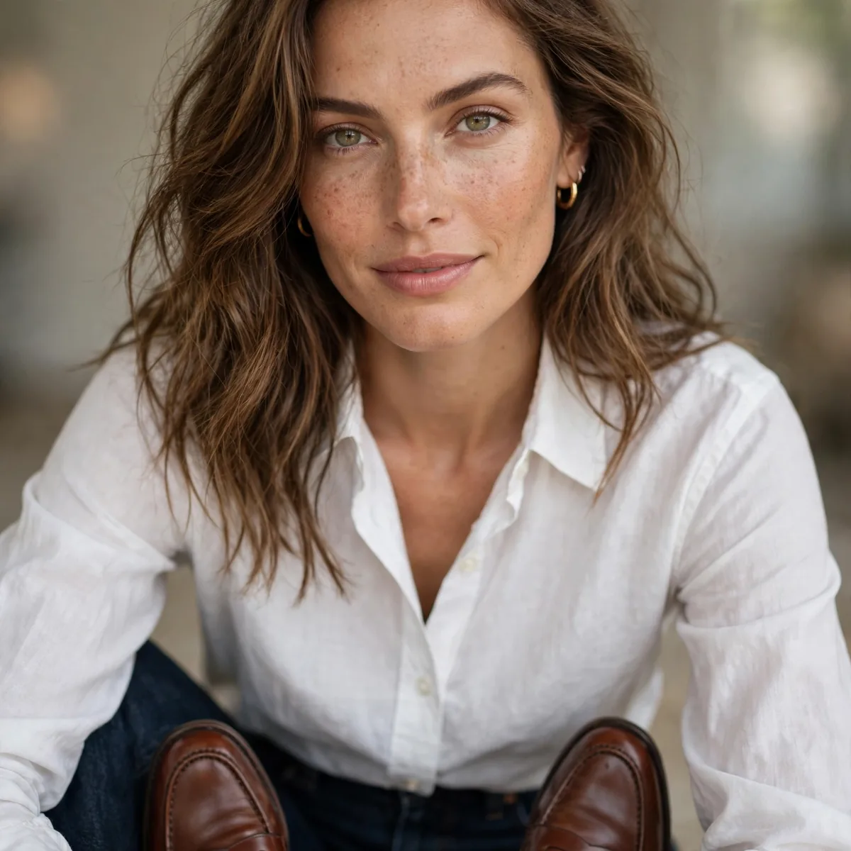 White shirt with dark jeans and loafers
