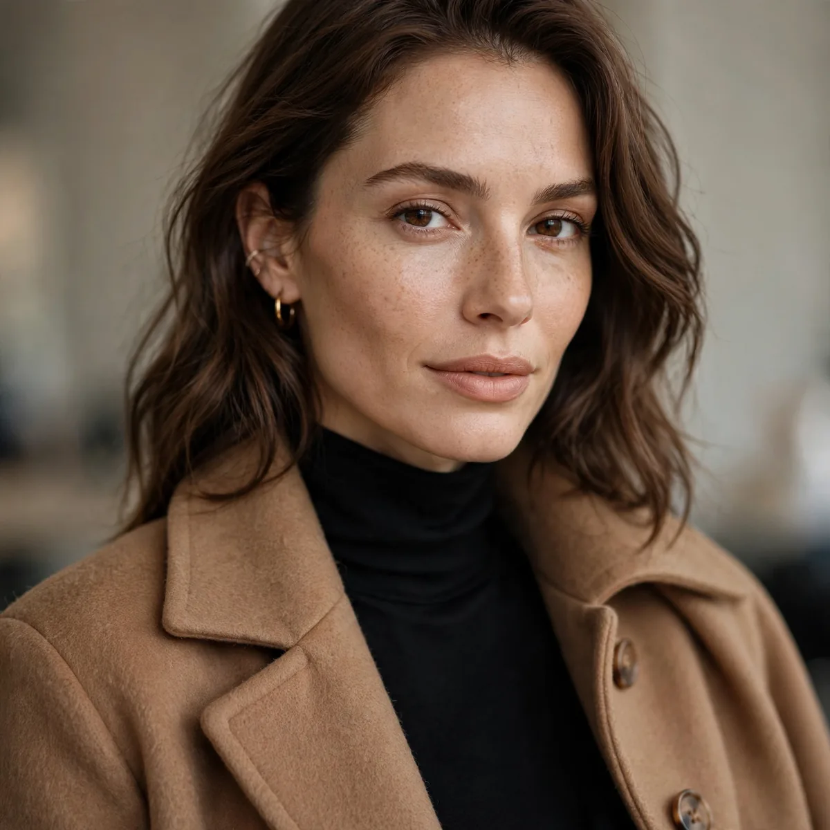 Camel coat over black outfit