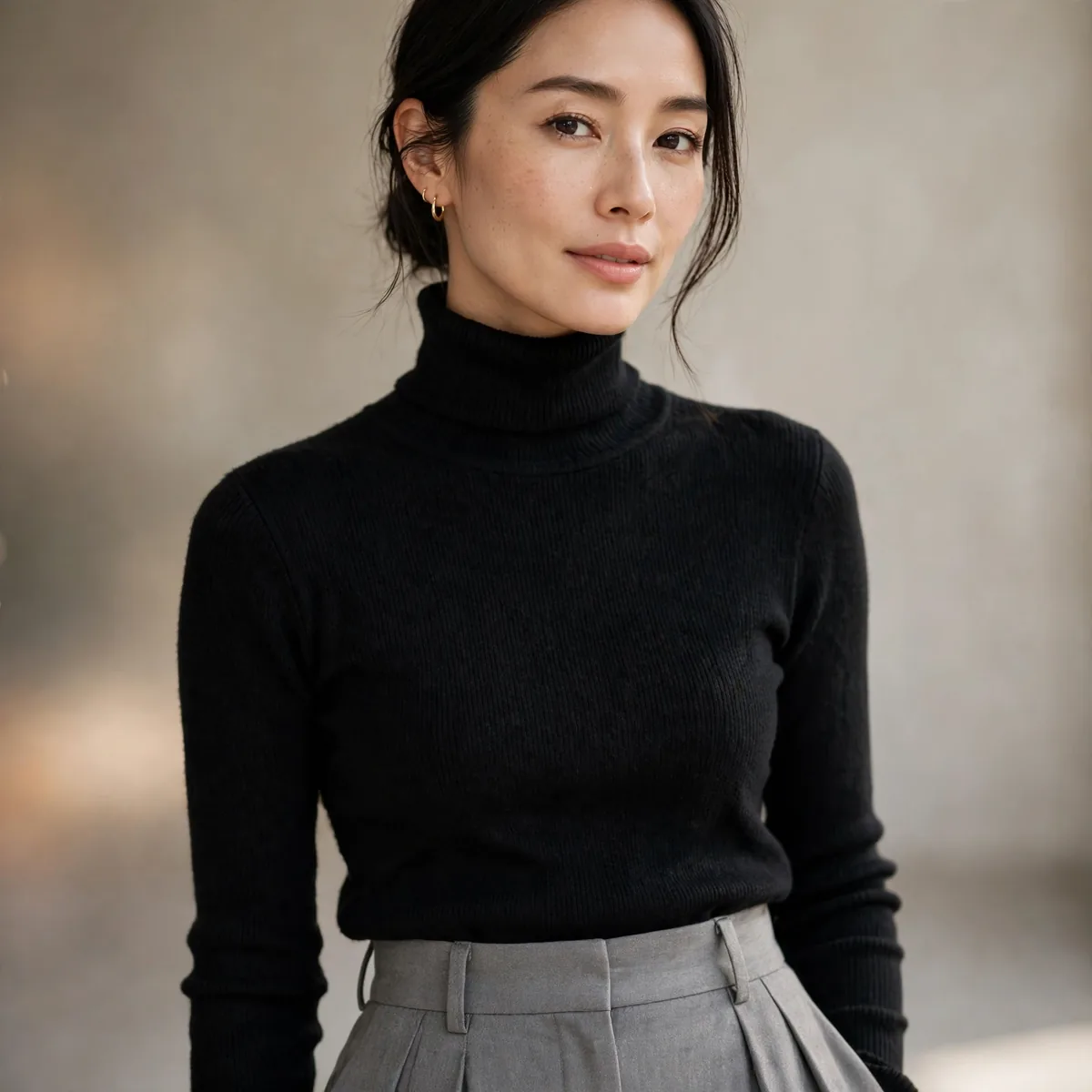 Gray pleated trousers with black turtleneck