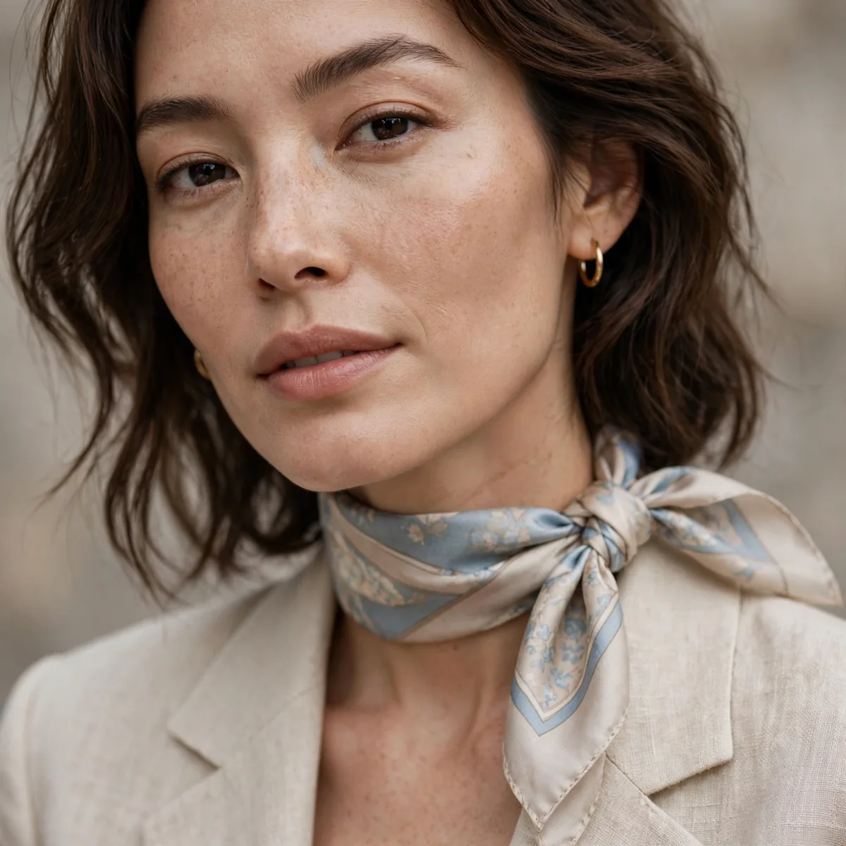 Silk scarf tied at neck