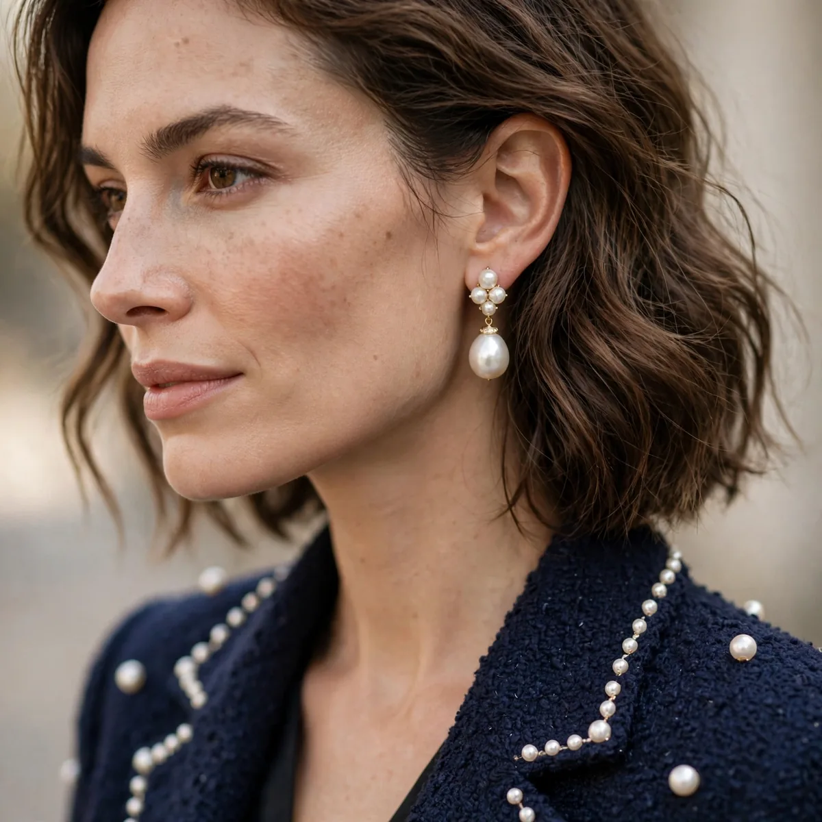 Pearl earrings with classic outfit