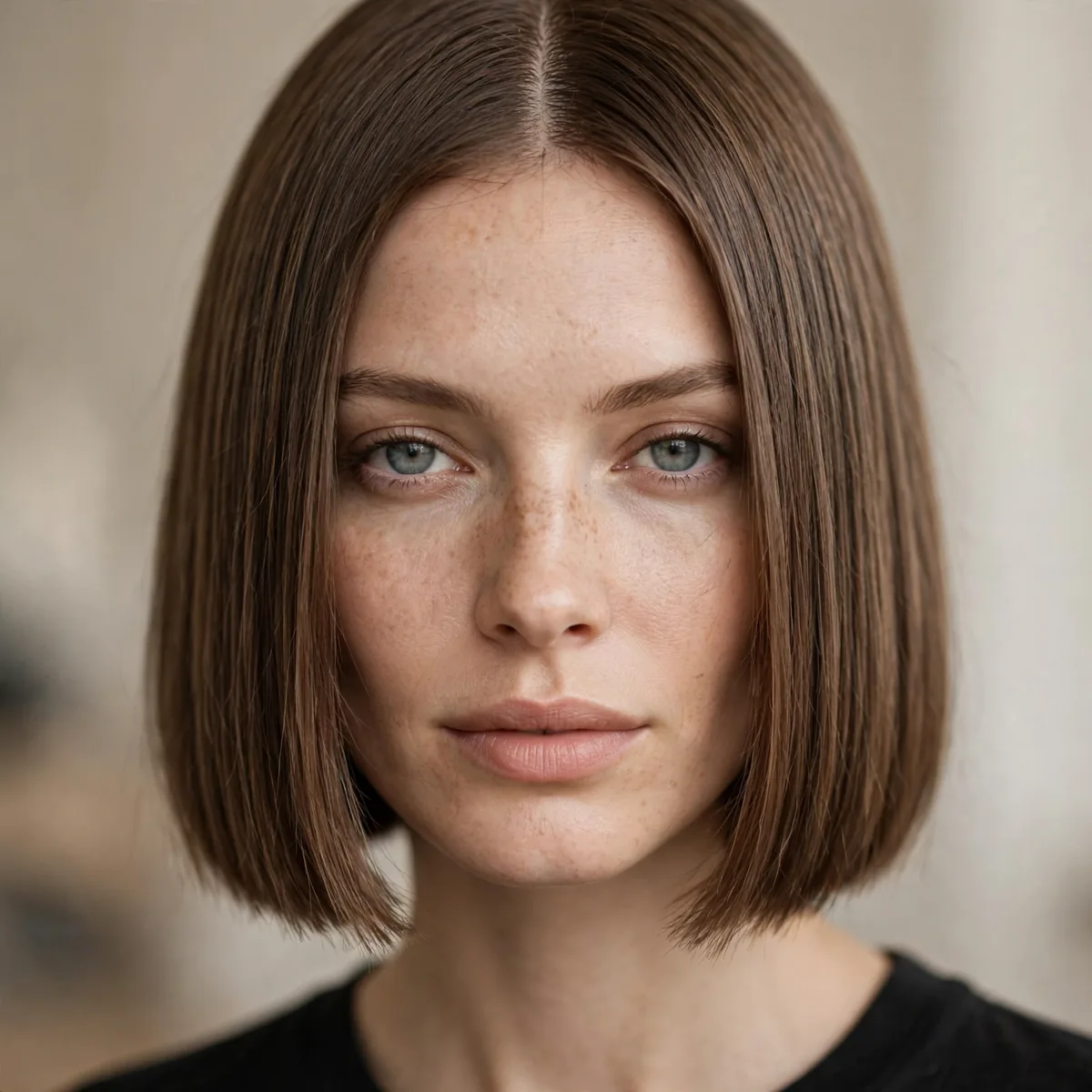 Blunt haircut with center part on fine hair