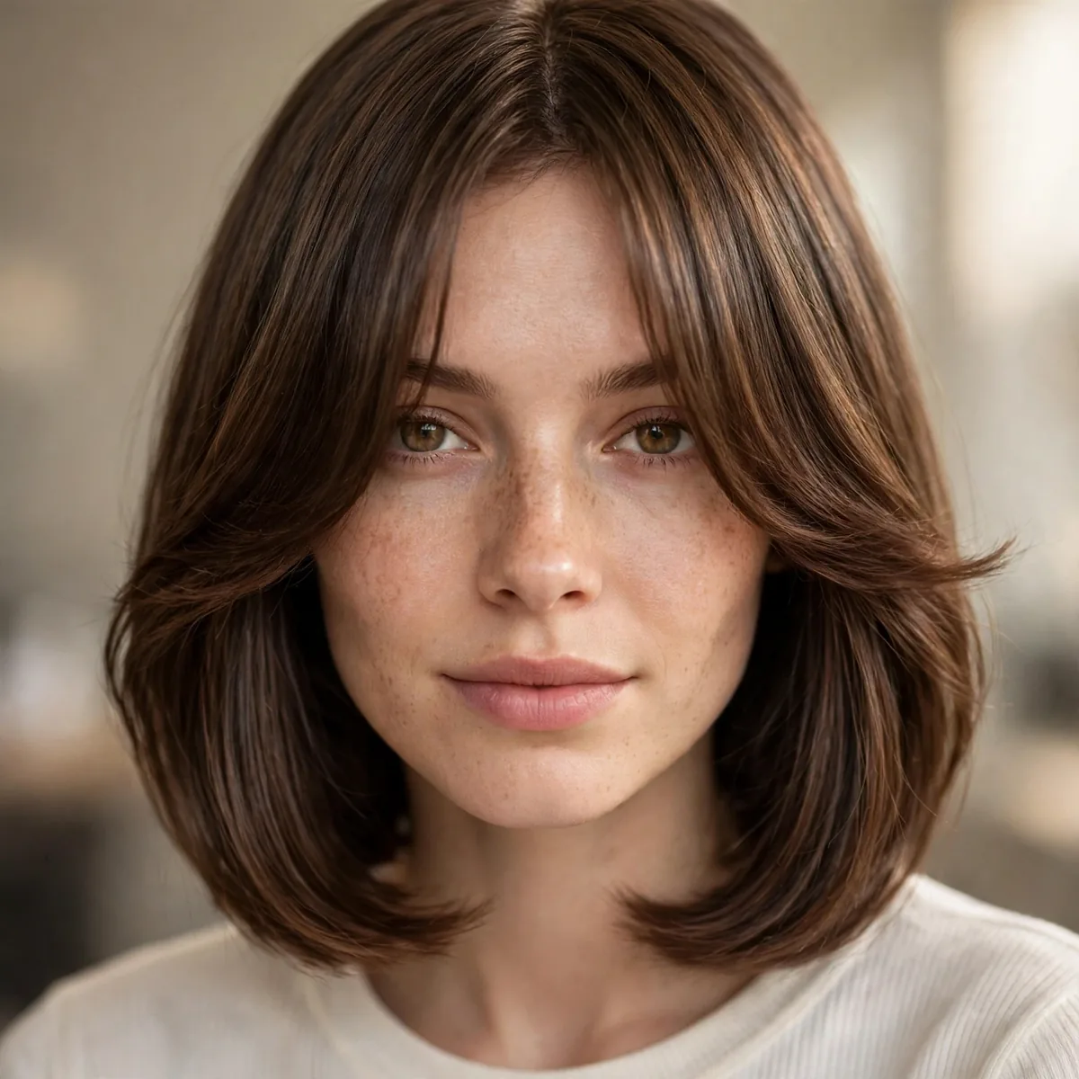 One-length haircut with curtain bangs