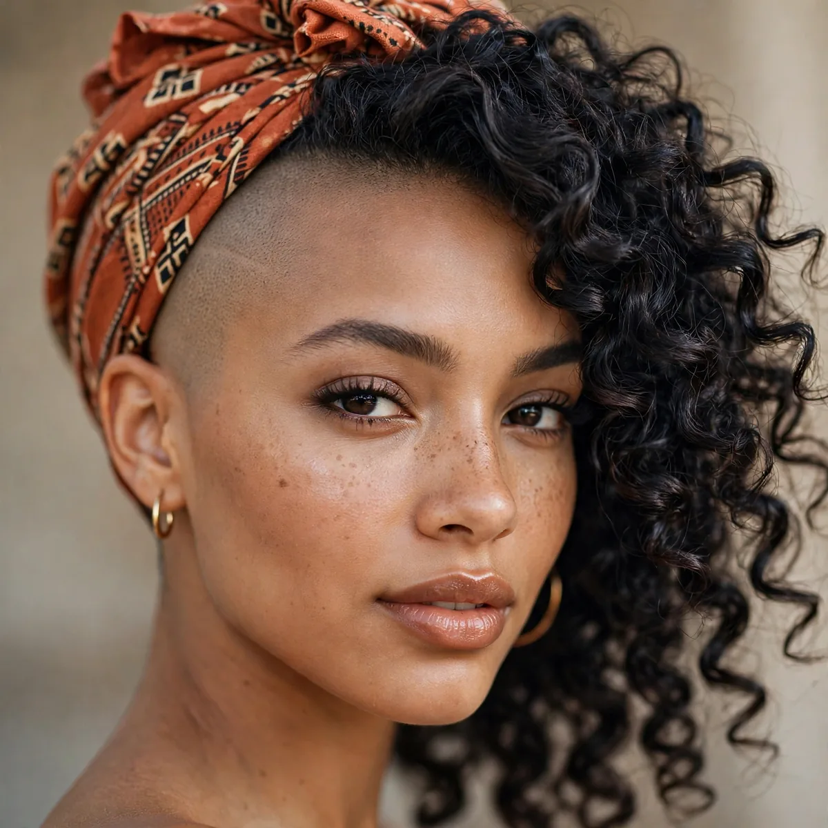 Shaved side styled with headwrap
