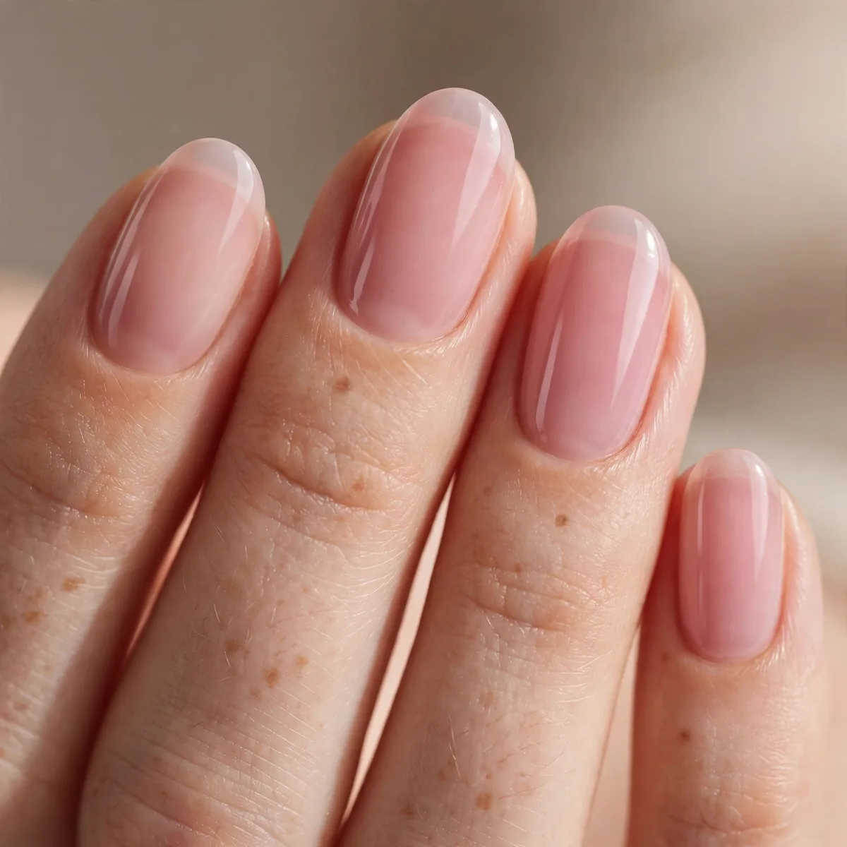 Sheer pink polish on oval nails