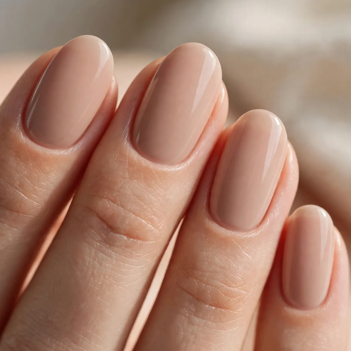 Nude polish on oval-shaped nails