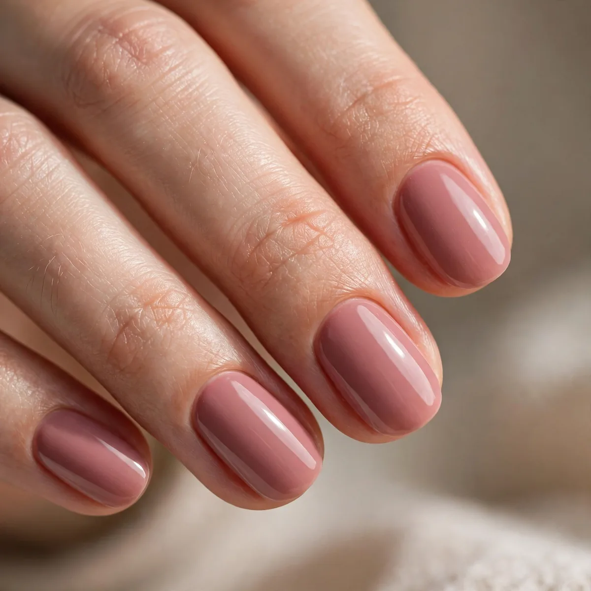 Dusty rose polish on oval nails
