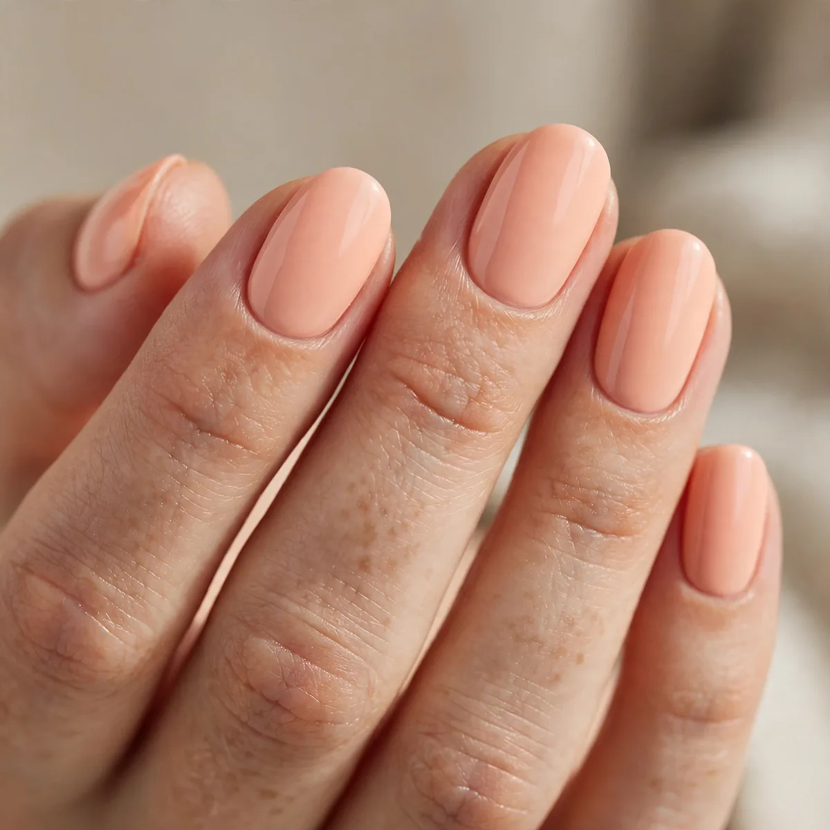 Peach creme polish on oval nails