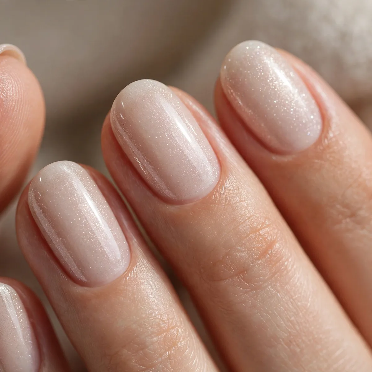 Subtle shimmer polish on oval nails