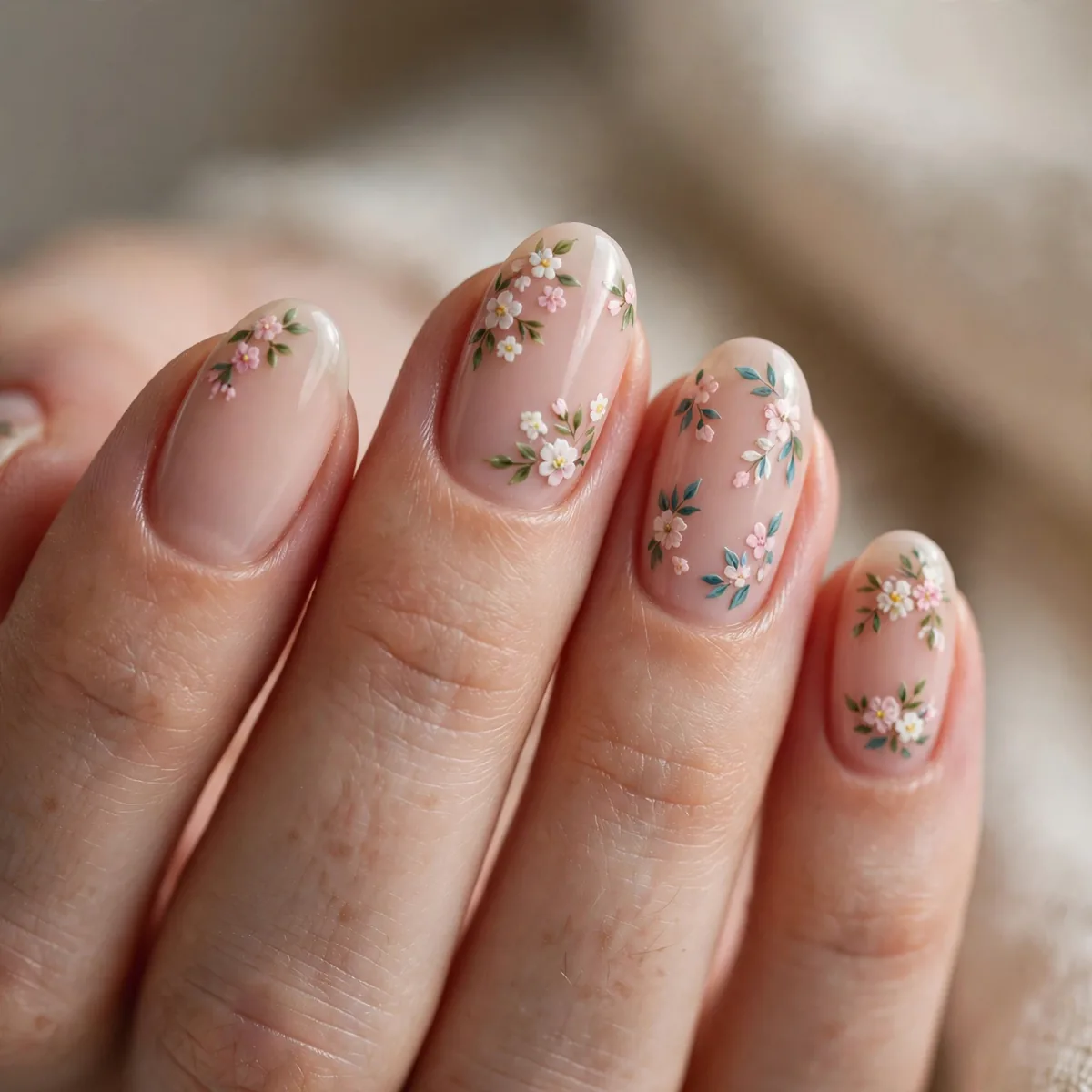 Tiny floral nail art on oval nails