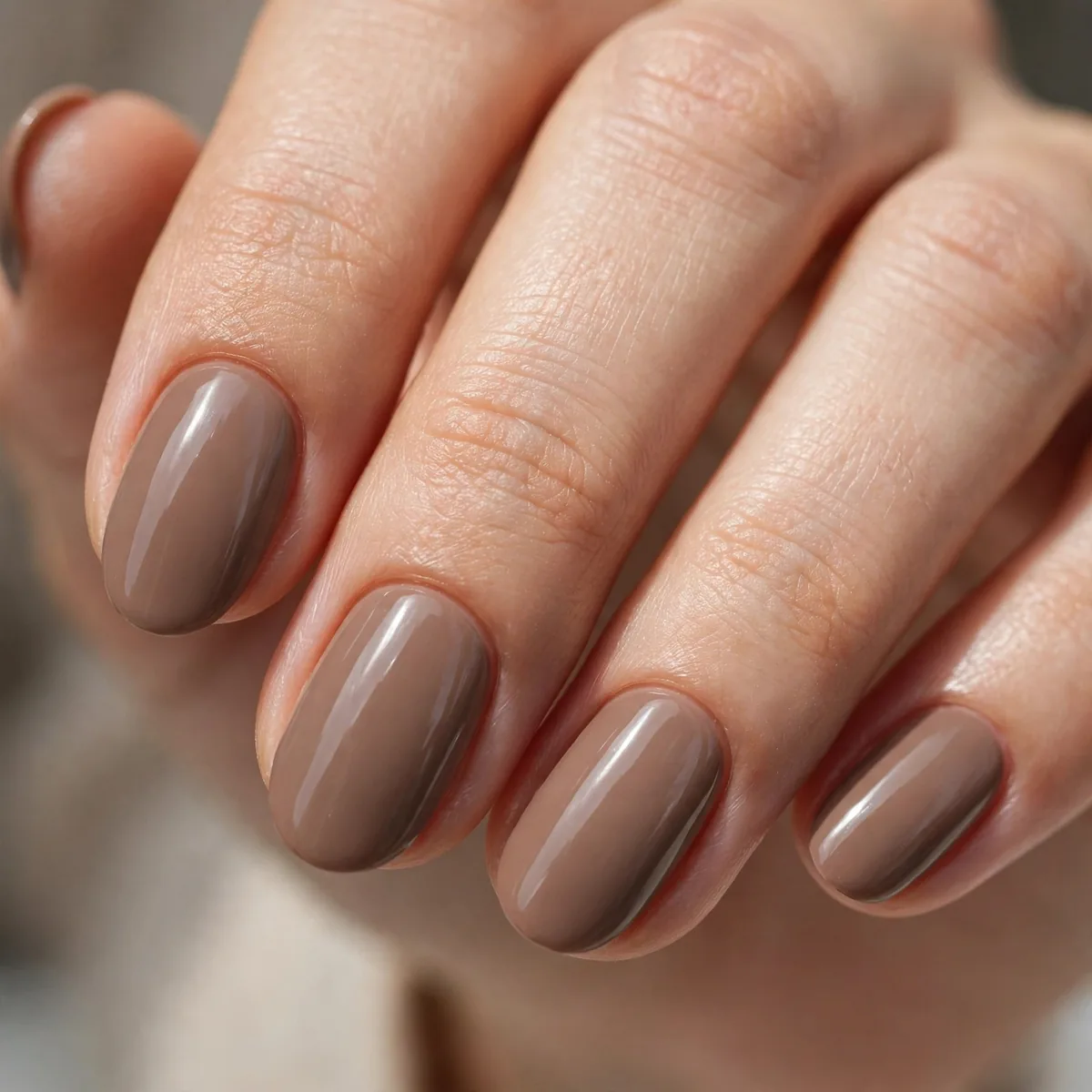 Warm taupe polish on oval nails