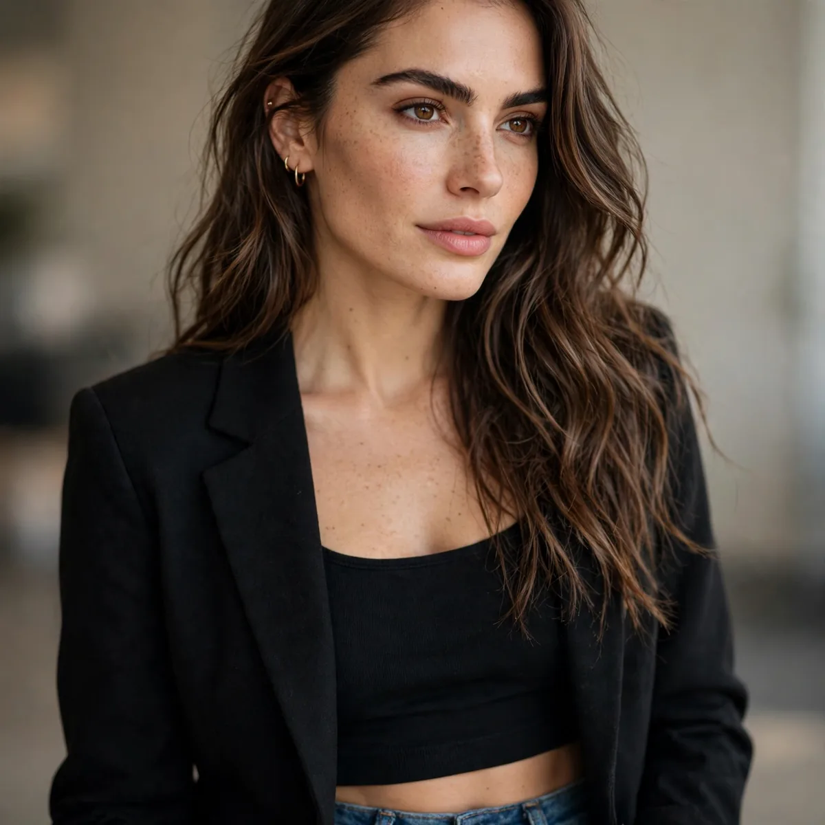 Blazer with crop top and jeans