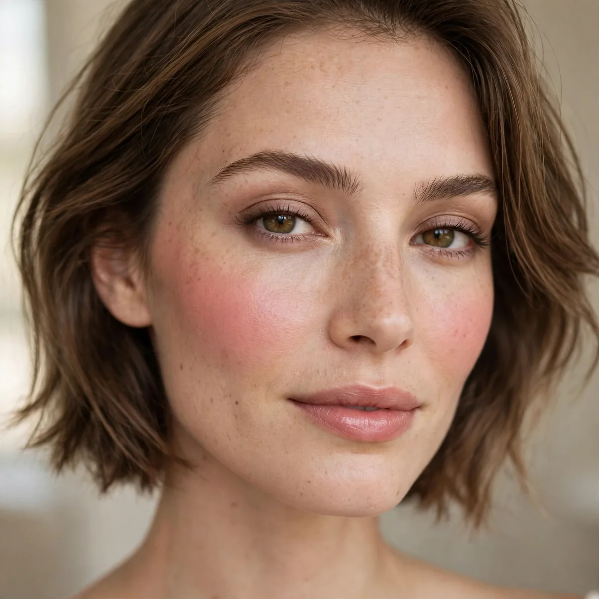 Natural rosy cheek flush on a woman with Parisian makeup