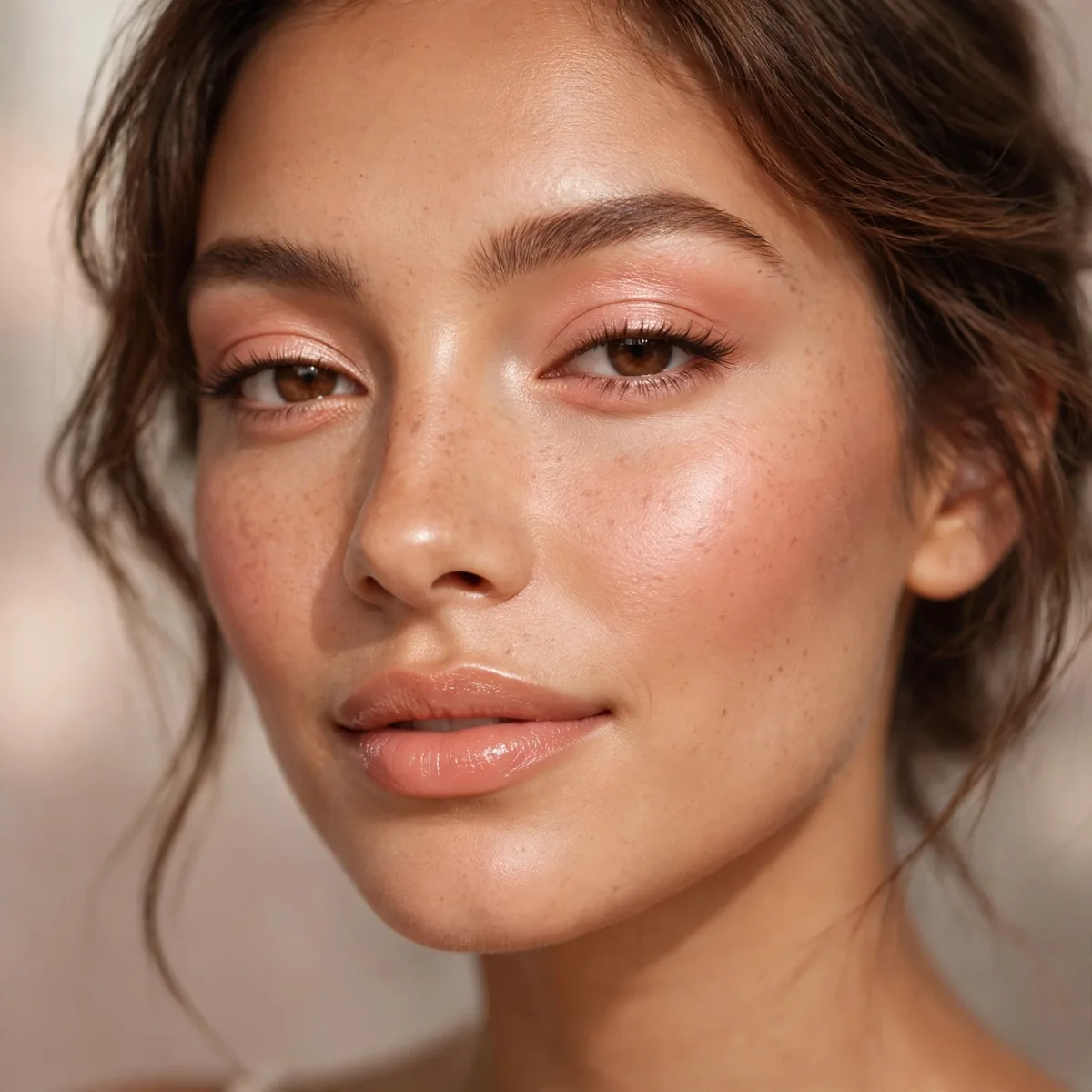 Peachy pastel glow makeup on warm skin