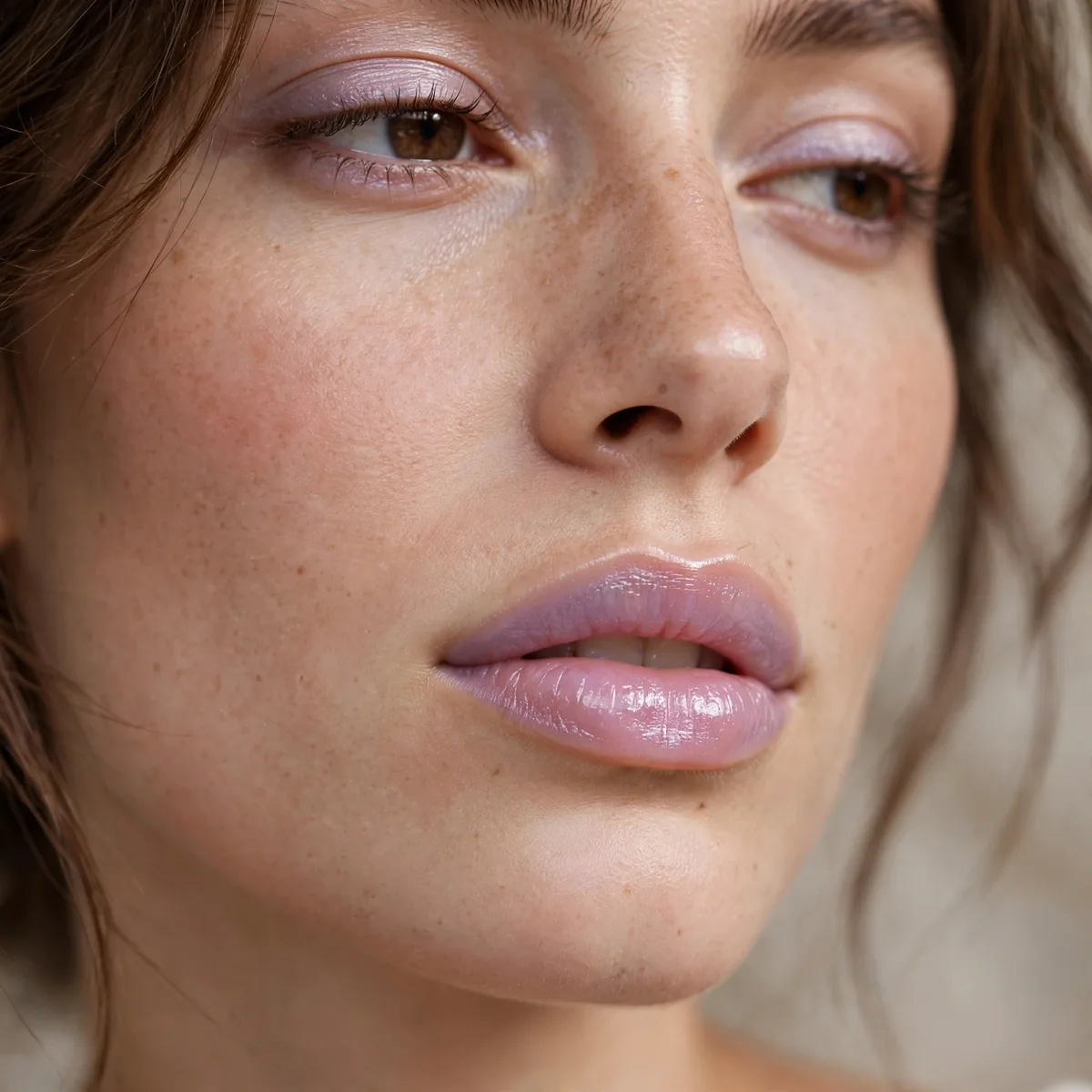 Sheer lavender lip tint on lips