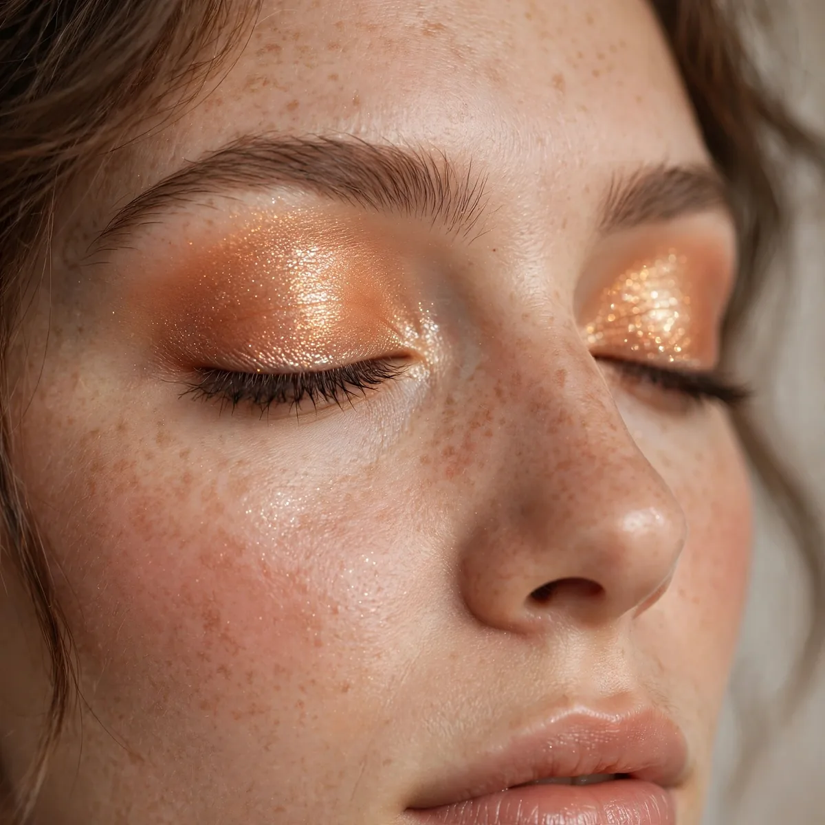 Apricot shimmer eyeshadow glowing on eyelids