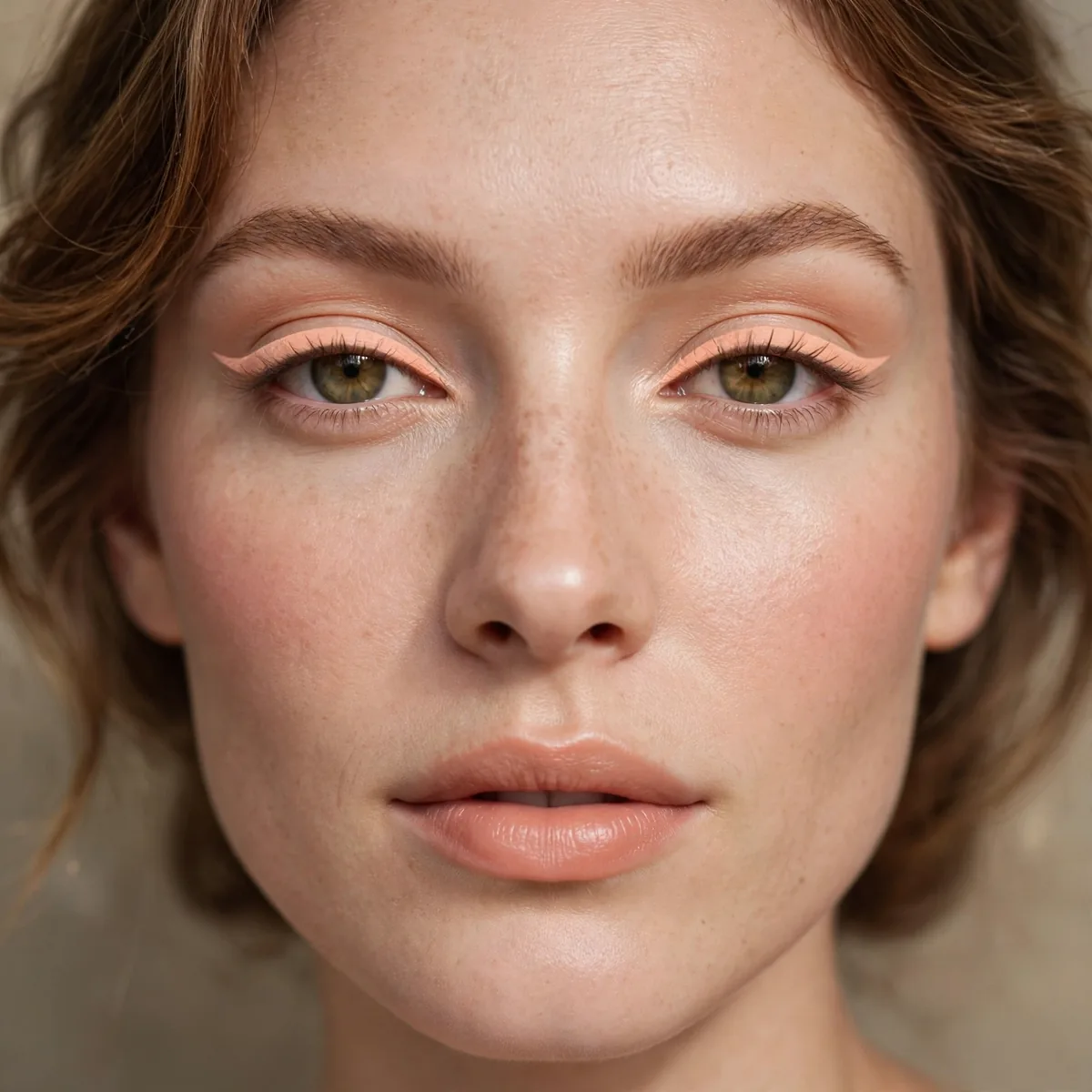 Soft pastel peach eyeliner defining the eyes