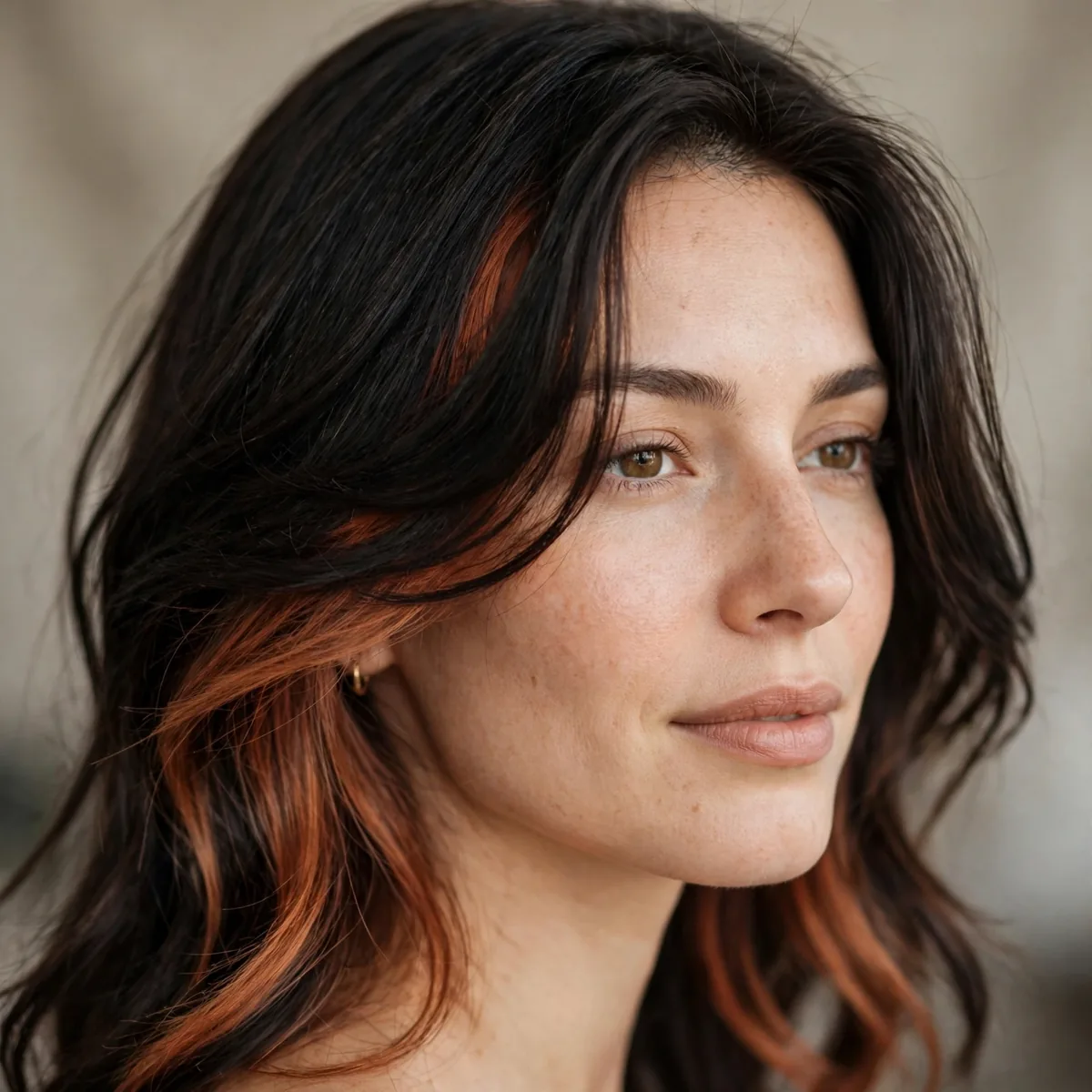 Copper peekaboo color under dark hair