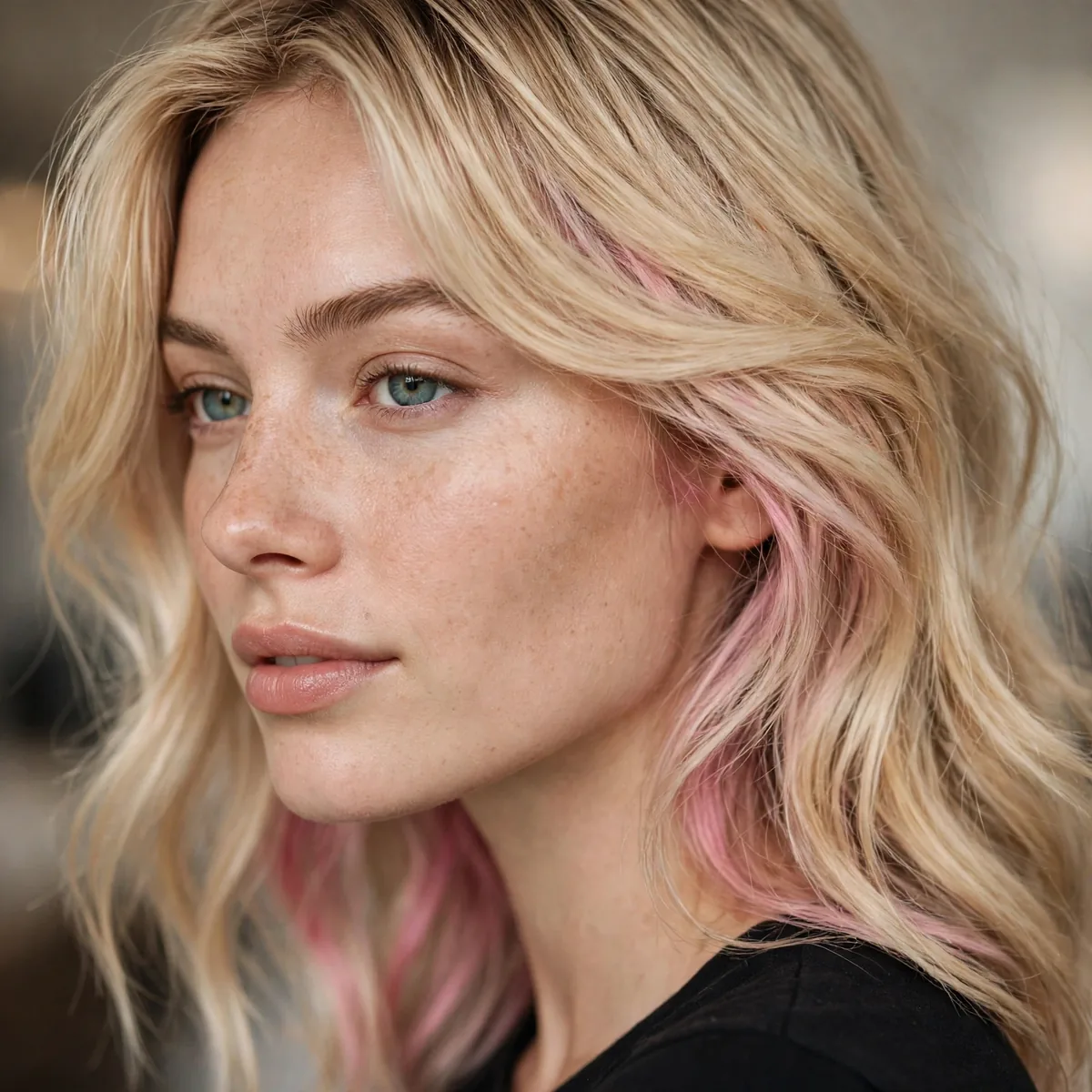 Pink peekaboo highlights under blonde hair