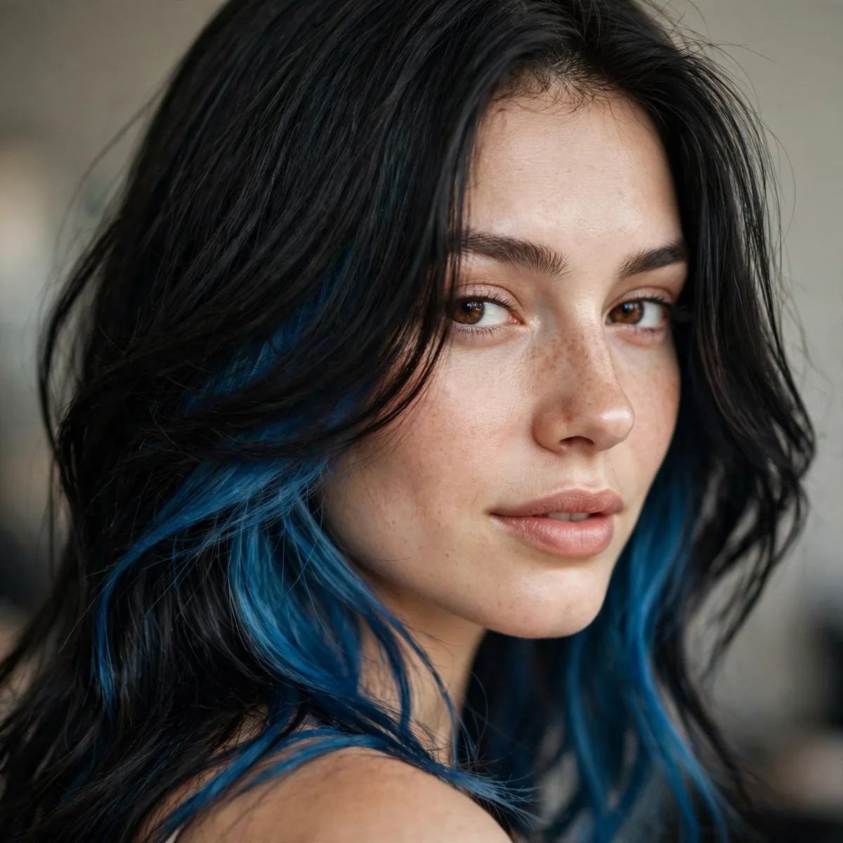 Blue peekaboo color under black hair