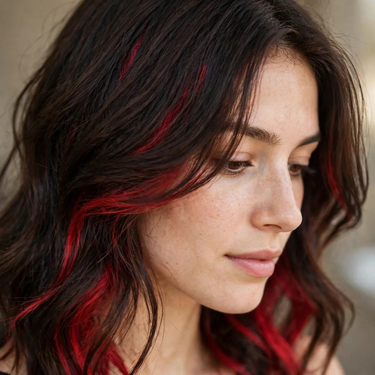 Red peekaboo highlights under brunette