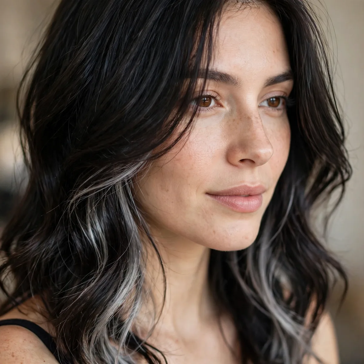 Silver peekaboo highlights under dark hair