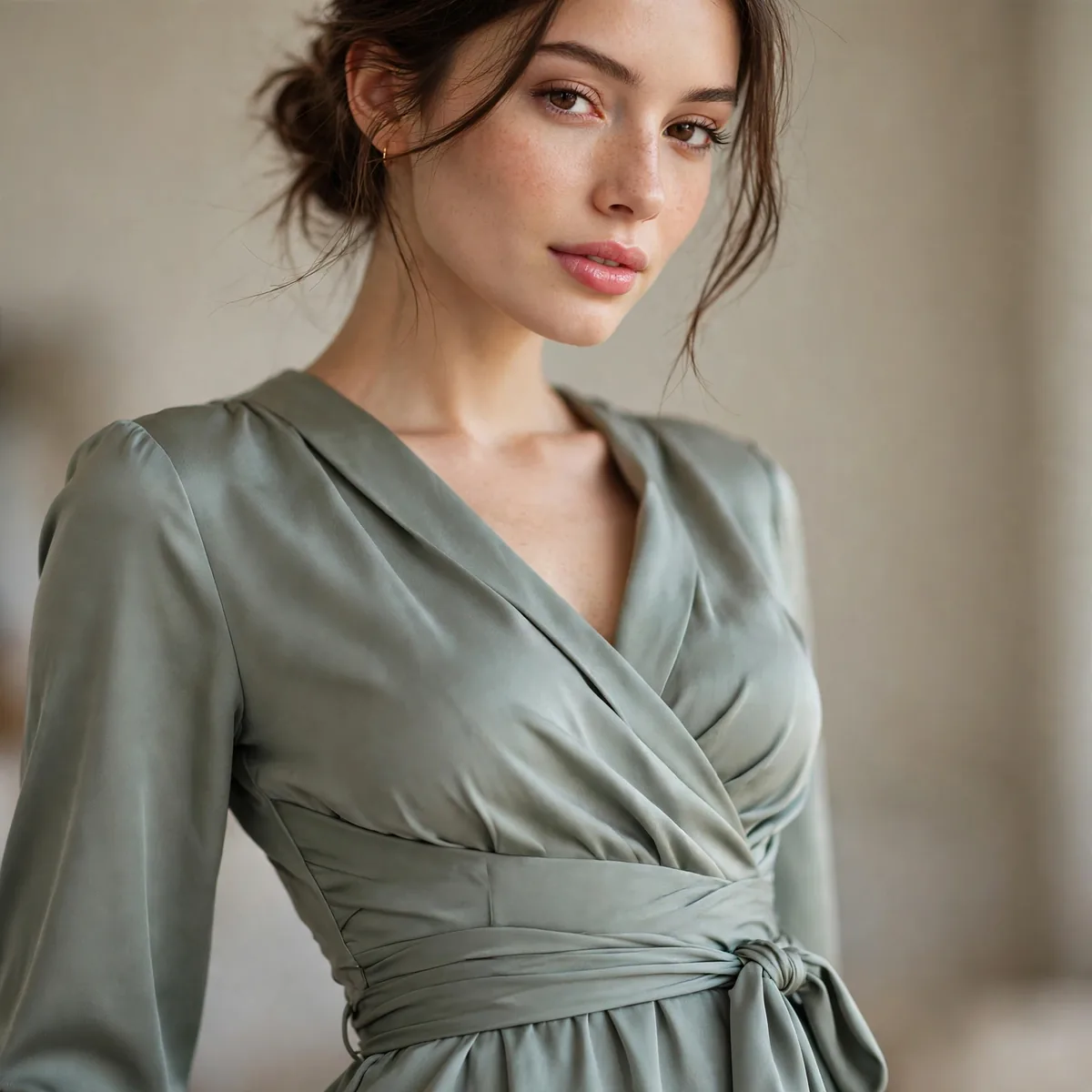 Petite woman with defined waist in dress