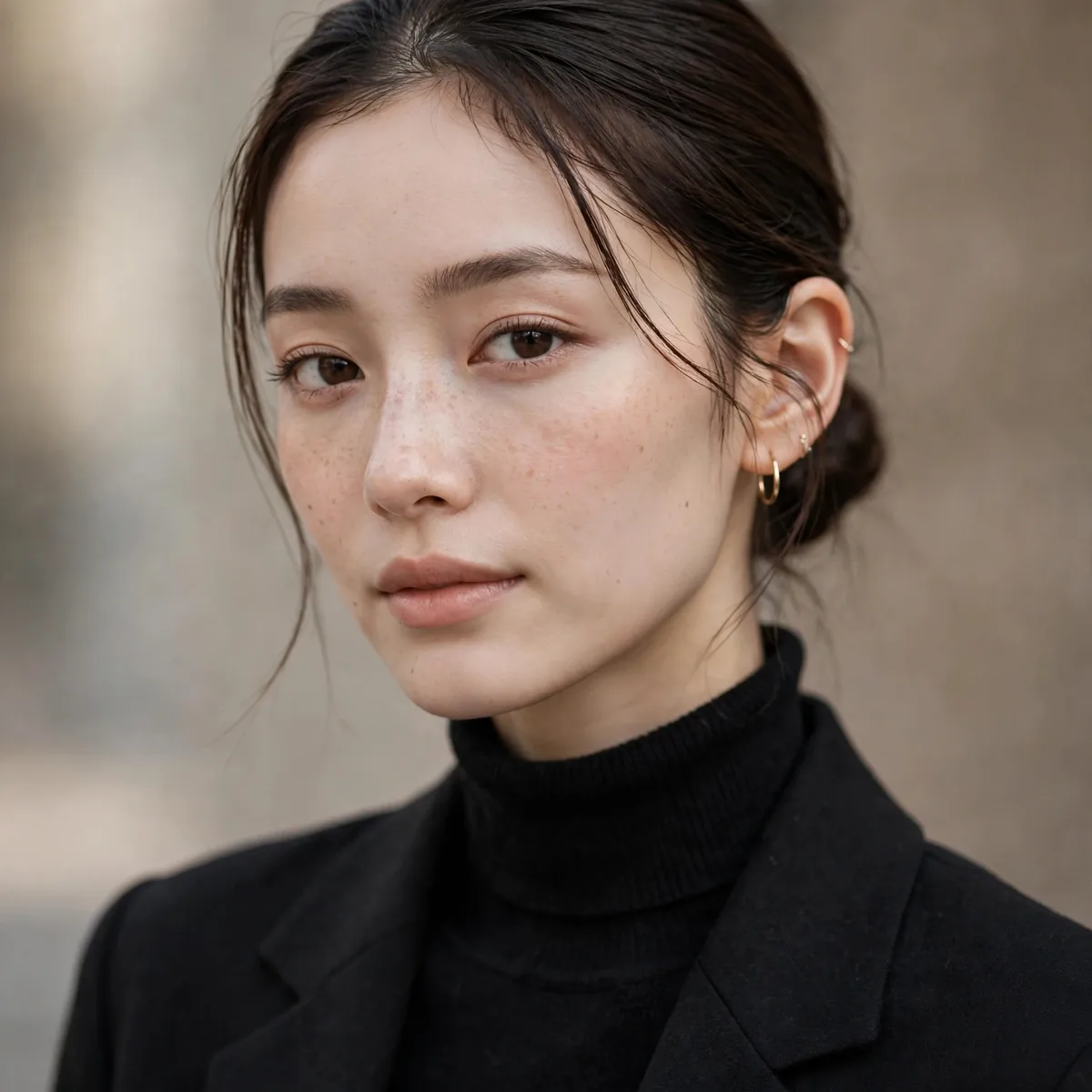 Petite woman in monochrome outfit